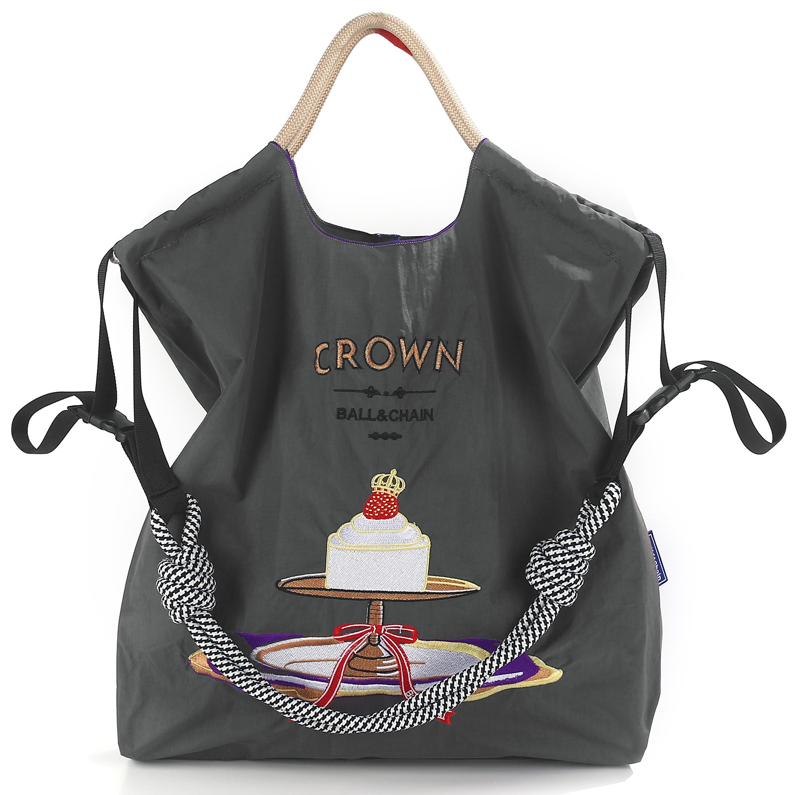 Ball&Chain Cake Pattern Embroidery Nylon Bag with Pulling Rope Pocket Personalized Tote Bags(L)