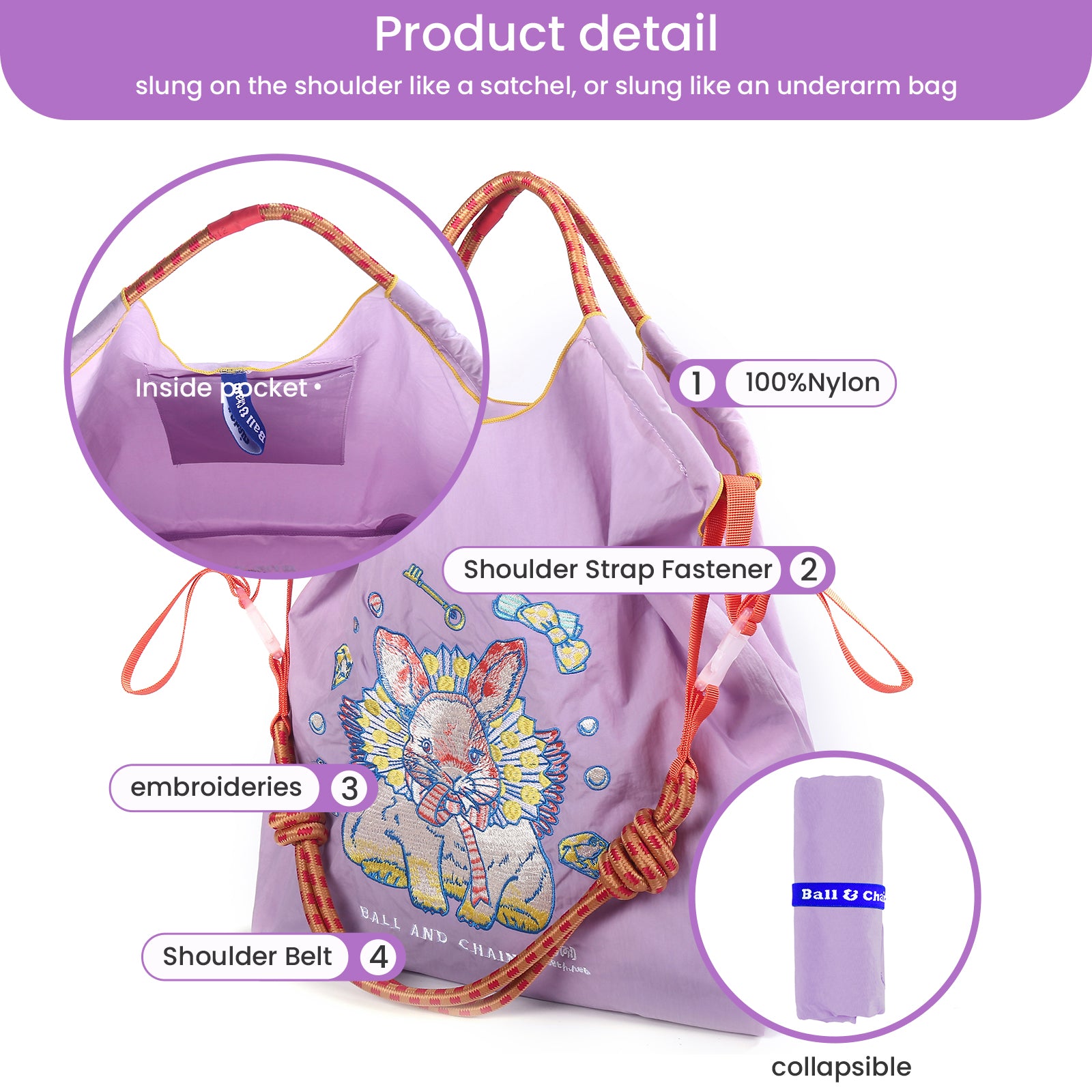 Ball&Chain Embroidery Tote Bag for Women, Foldable Tote Bag Large Shoulder Bag Top Handle Handbag for Travel, Work(M)