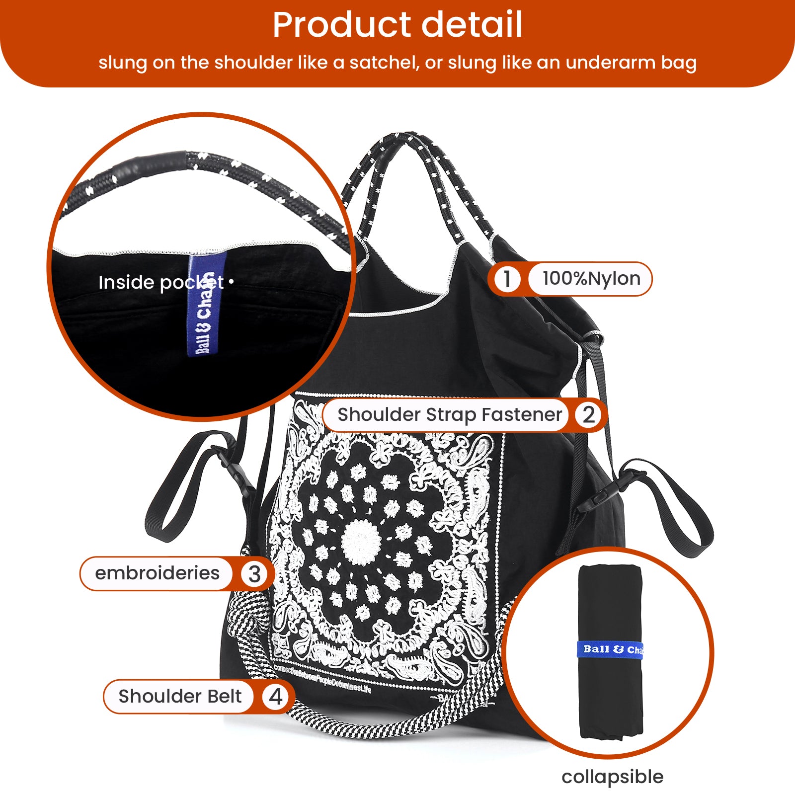 Ball&Chain Lady Tote bag, a lamb embroidered nylon bag, is the perfect companion for shopping and travel(L)