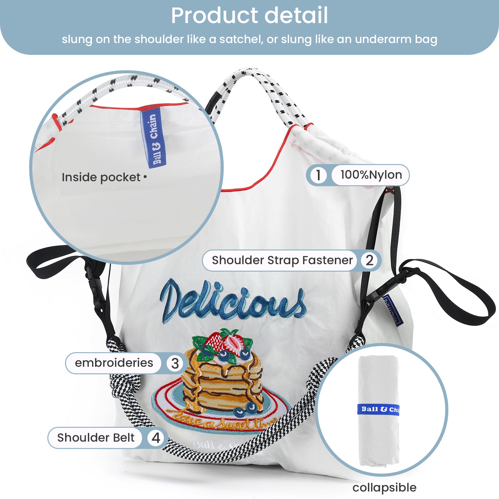 Ball&Chain Embroidery Tote Bag for Women with Shoulder Strap,is a Great Gift for Women, Mom, Teachers, Friends, Bridesmaids(M)
