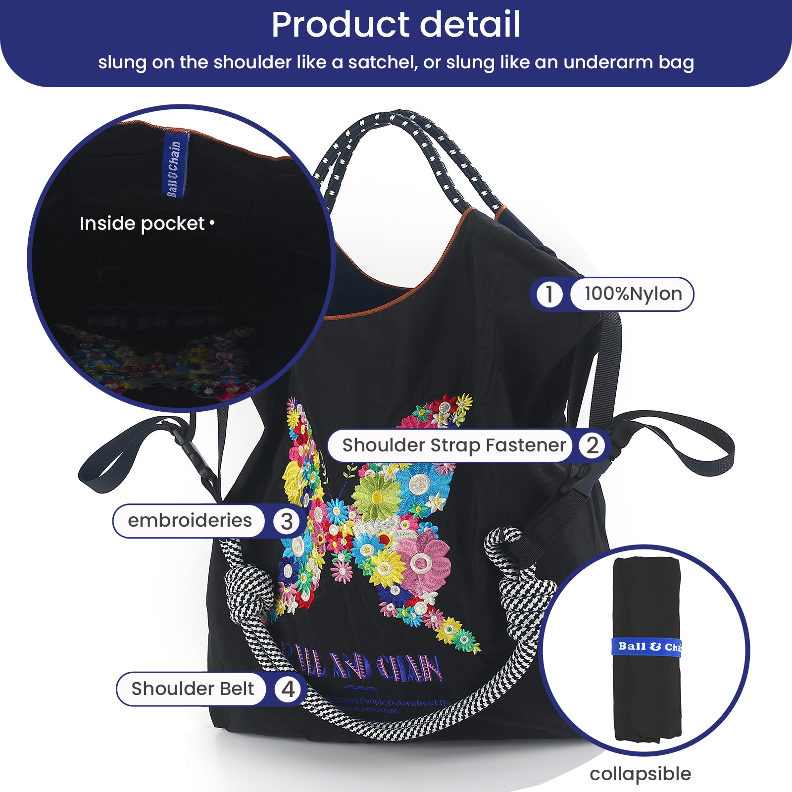 Ball&Chain Women's Fashion Handbag Embroidered Nylon Handbag Designed for Travel, Beach, and Birthday Shopping Bags(M)