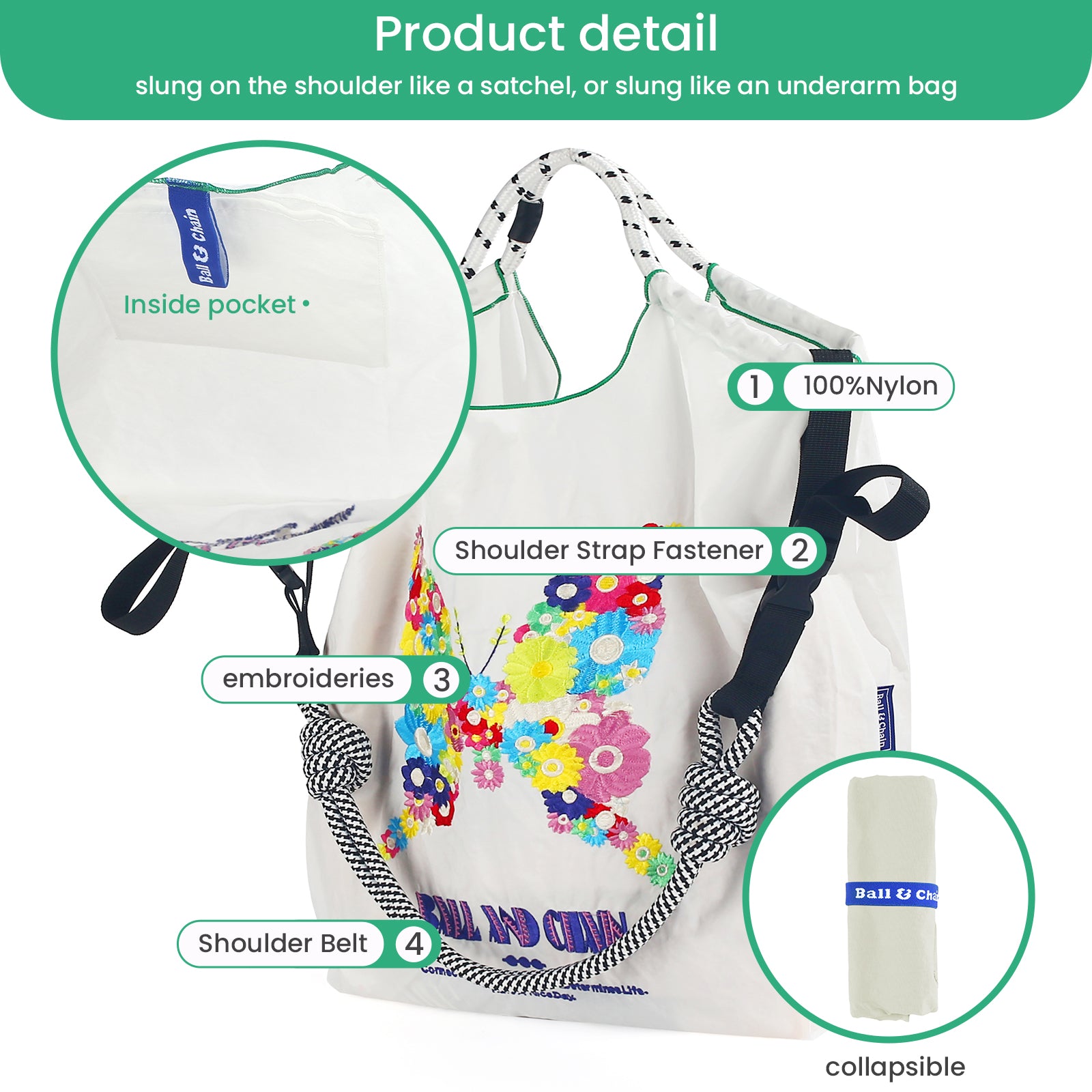 Ball&Chain Women's Fashion Handbag Embroidered Nylon Handbag(L)