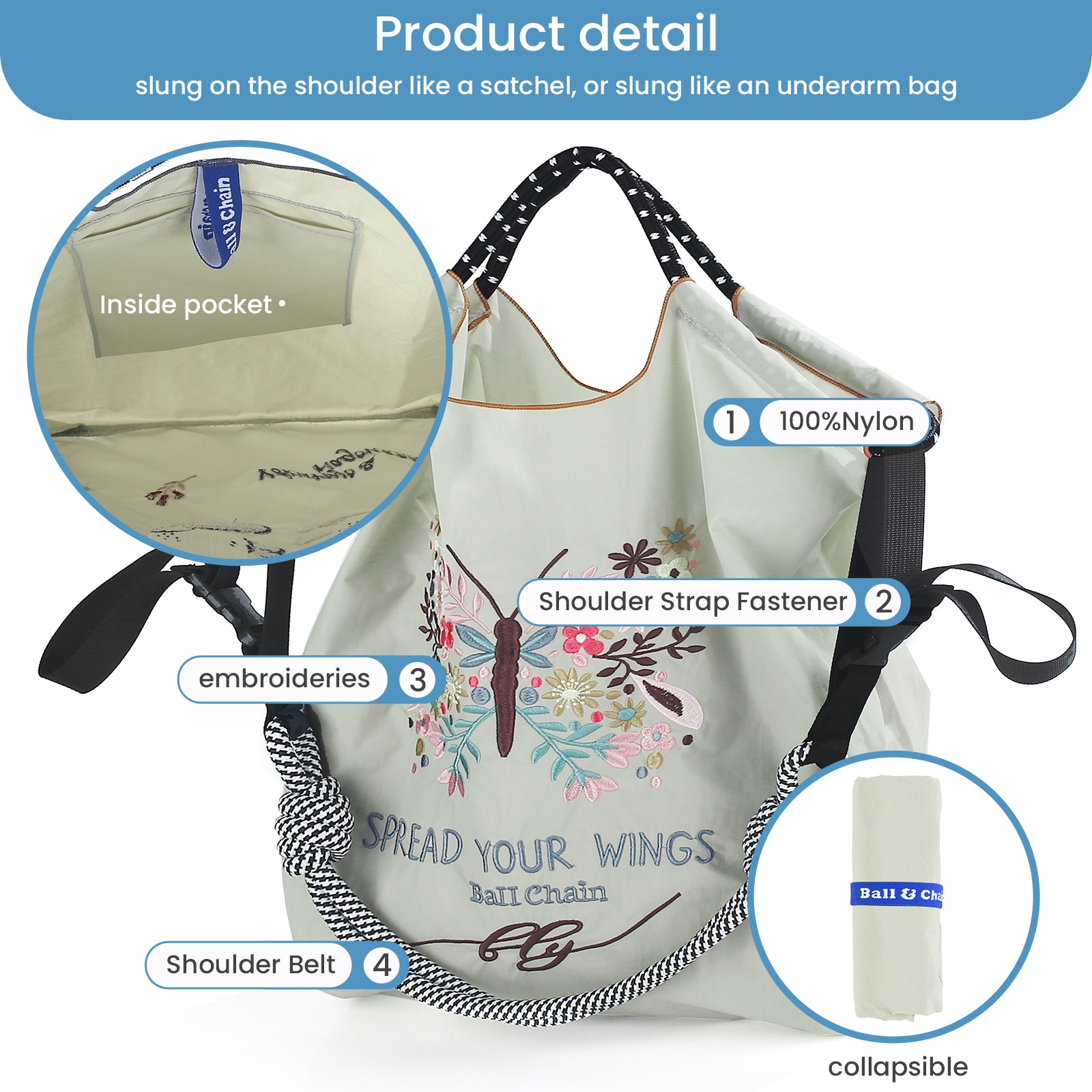 Ball&Chain Women's Fashion Handbag Embroidered Exquisite Butterfly Nylon Handbag(L)