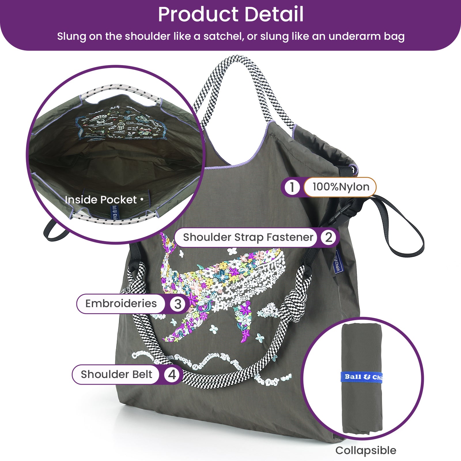 Ball&Chain Women's Fashion Handbag Embroidered Exquisite Butterfly Nylon Handbag Designed for Travel(M)
