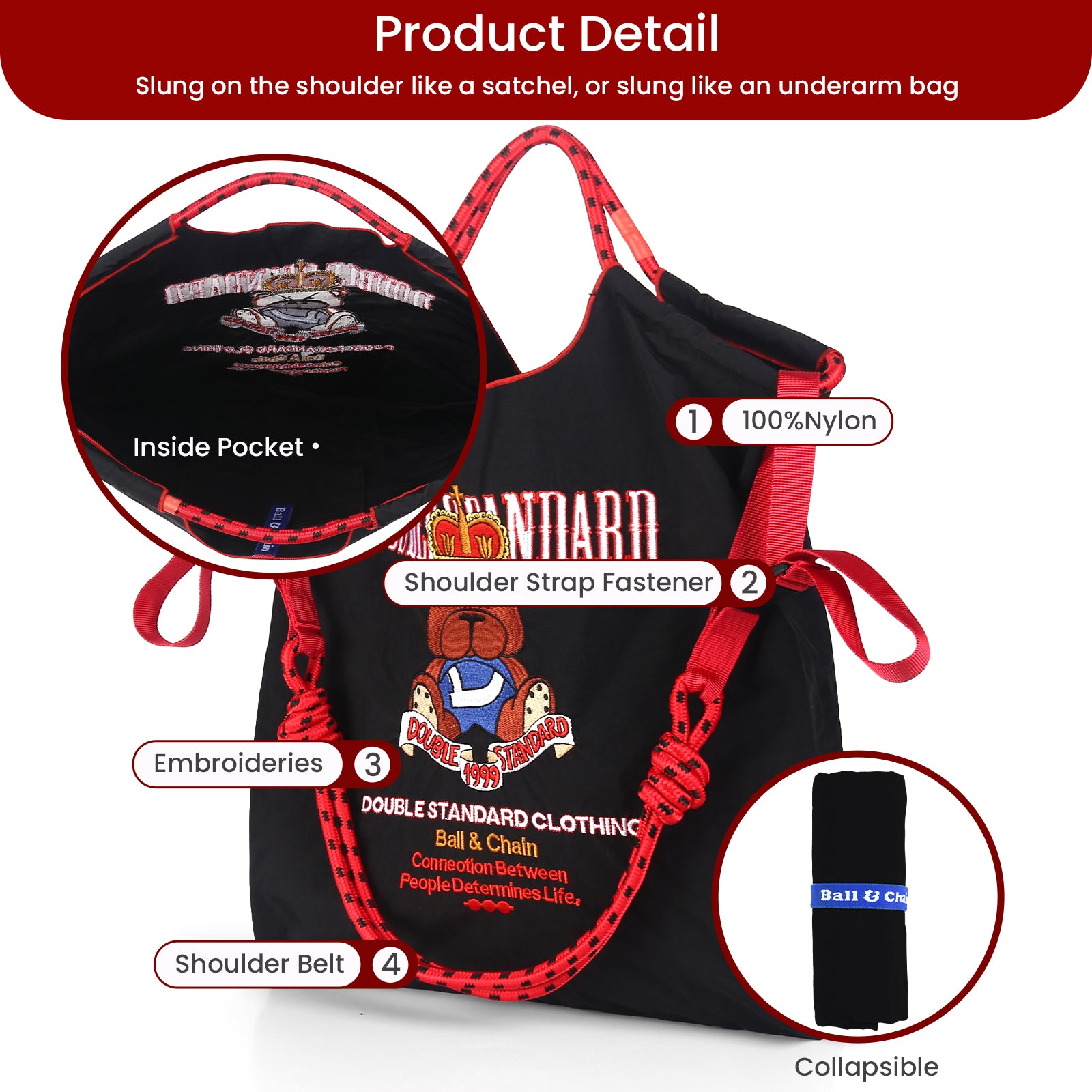 Ball&Chain Women's Fashion Handbag Embroidered Nylon Handbag Designed for Travel, Beach, and Birthday Shopping Bags(M)