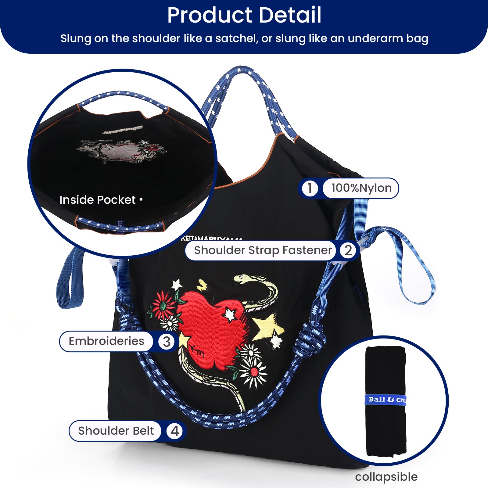 Ball&Chain Women's The Large Tote Bag Nylon Aesthetic Tote Bag for Shopping Bags(M)