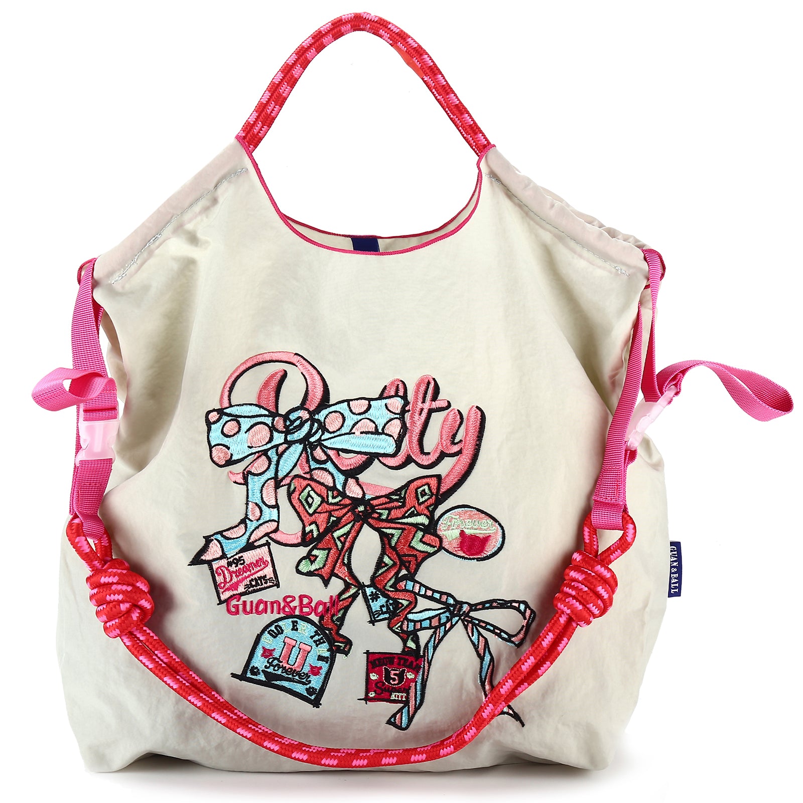 Guan&Ball Lady Tote Bag, a butterfly embroidered patterned nylon bag, is the perfect companion for travel and shopping