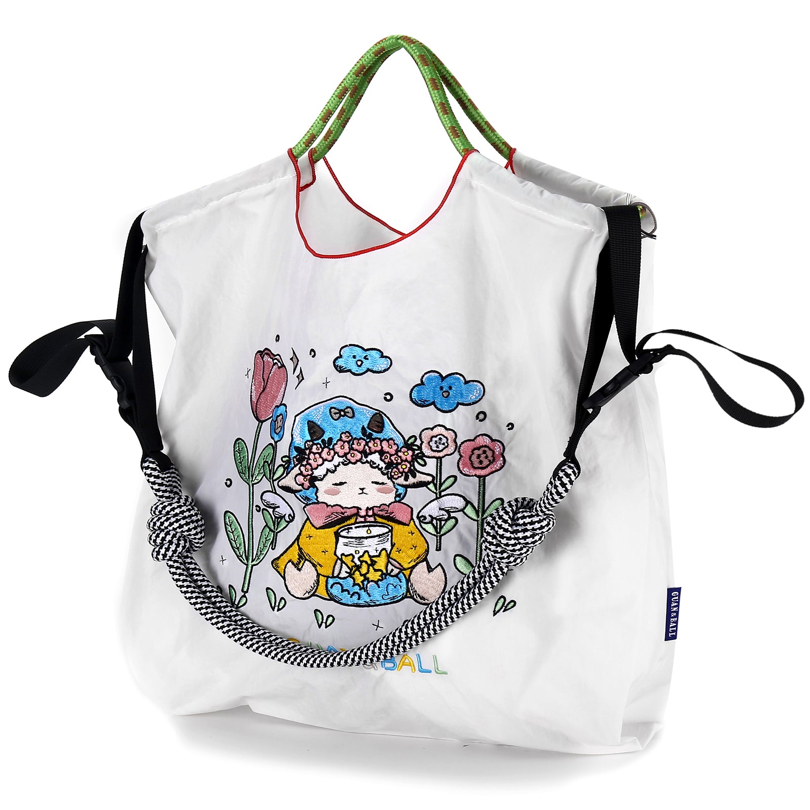 Guan&Ball Lady Tote bag, a lamb embroidered nylon bag, is the perfect companion for shopping and travel