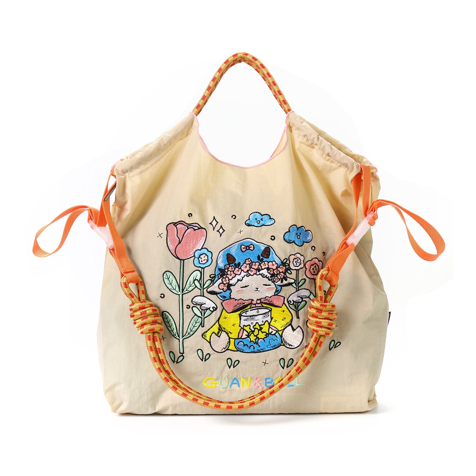 Guan&Ball Lady Tote bag, a lamb embroidered nylon bag, is the perfect companion for shopping and travel