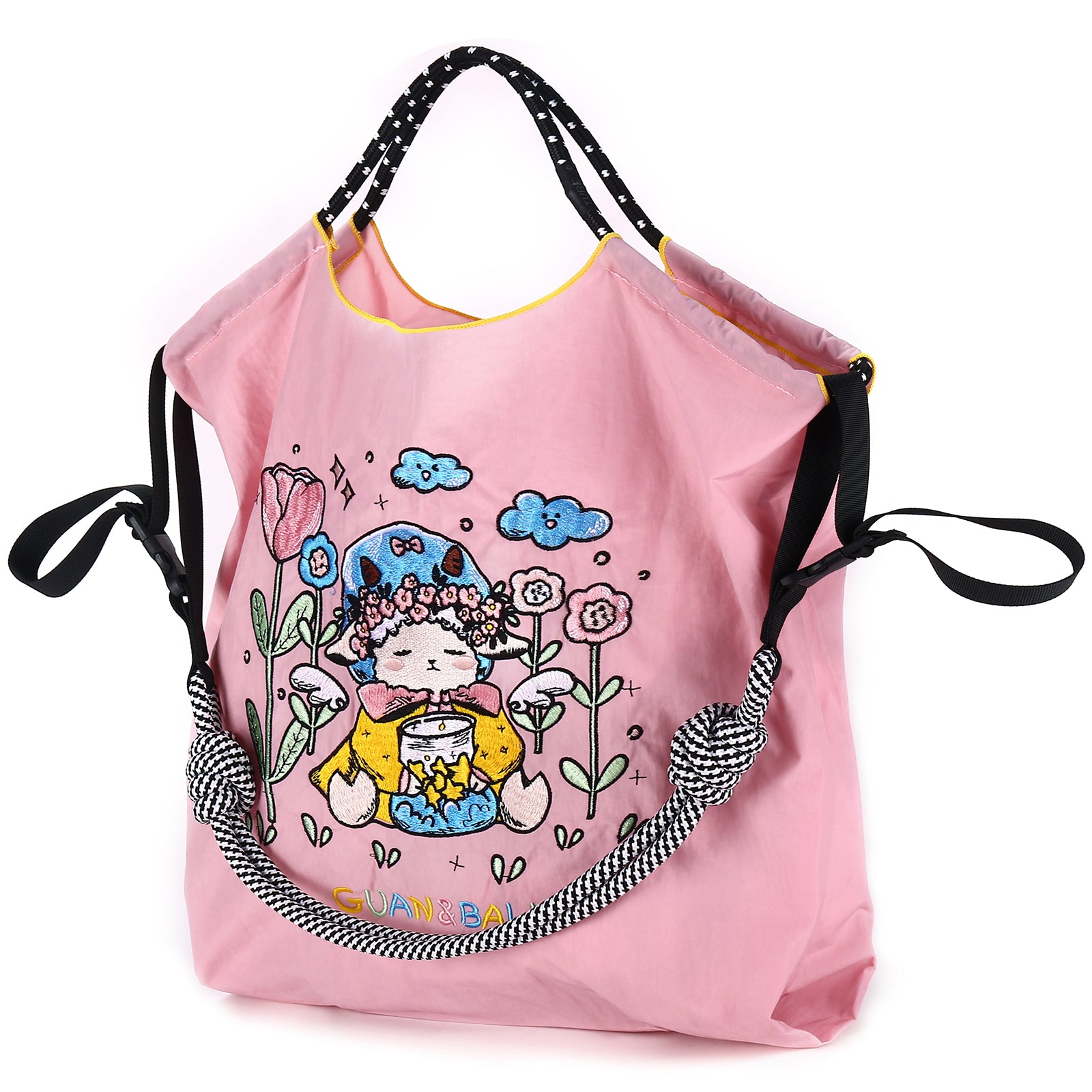 Guan&Ball Lady Tote bag, a lamb embroidered nylon bag, is the perfect companion for shopping and travel