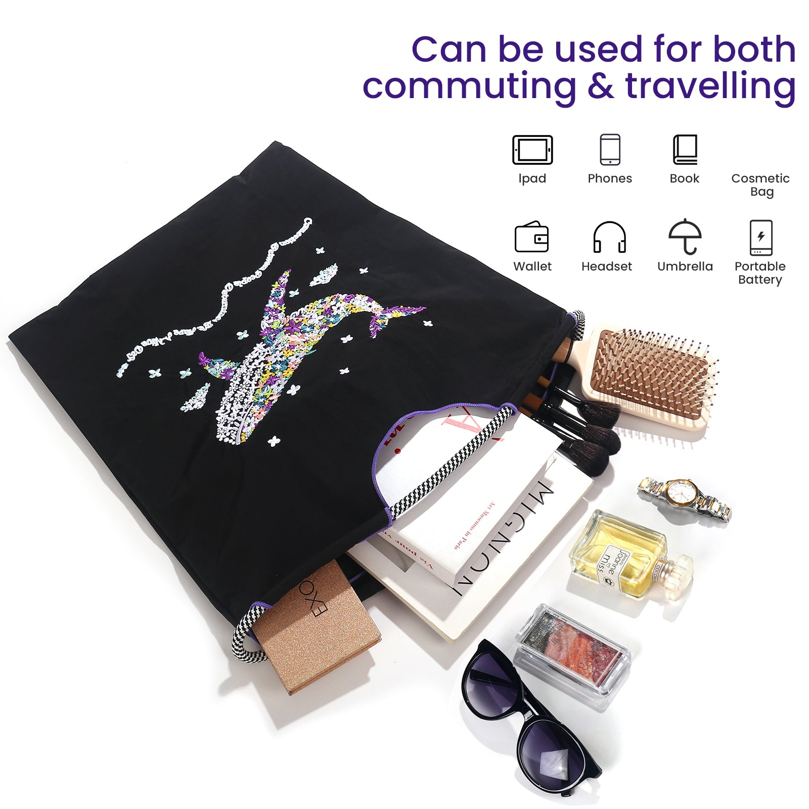 Ball&Chain Women's Fashion Handbag Embroidered Exquisite Butterfly Nylon Handbag Designed for Travel, Beach Bags（L）