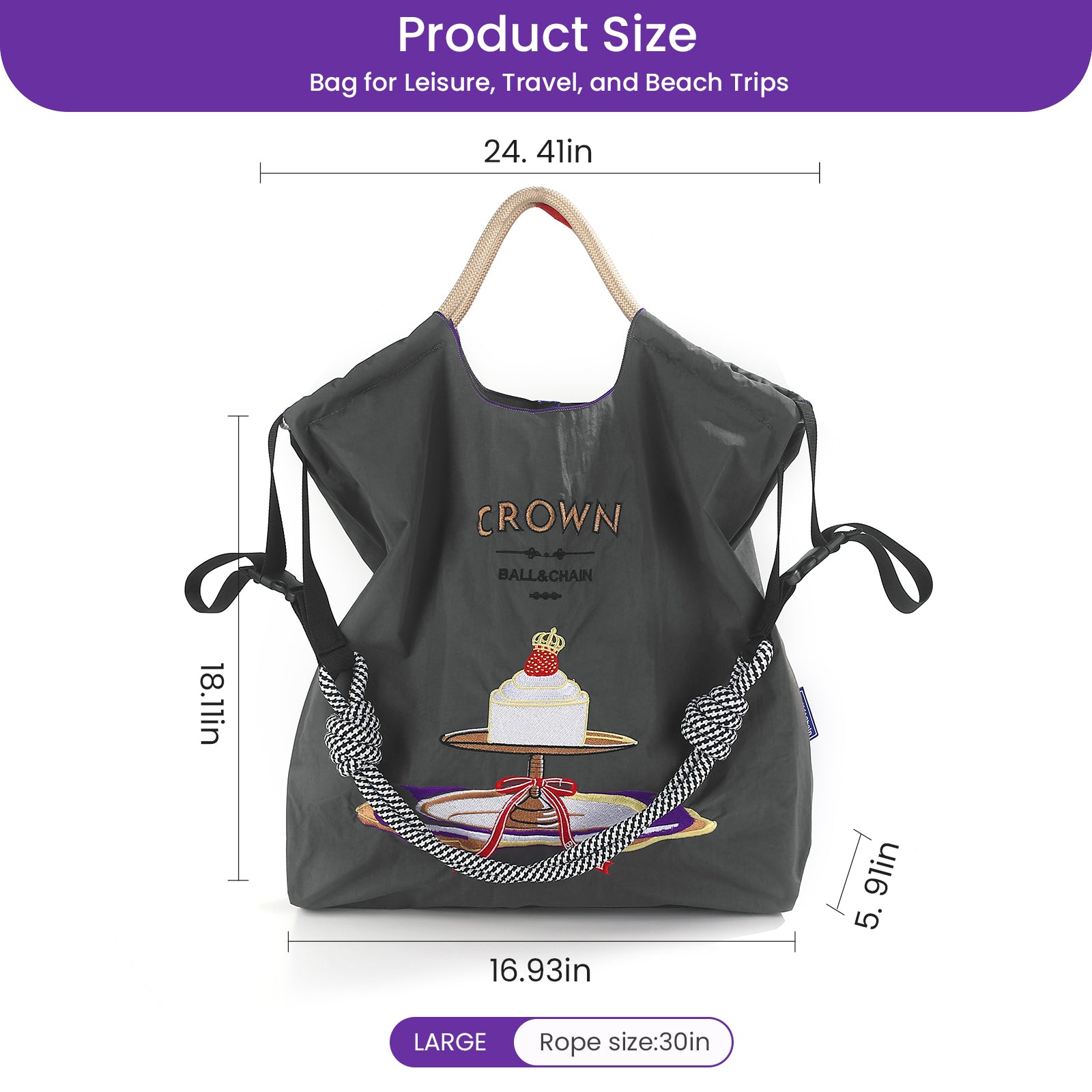 Ball&Chain Cake Pattern Embroidery Nylon Bag with Pulling Rope Pocket Personalized Tote Bags（L）