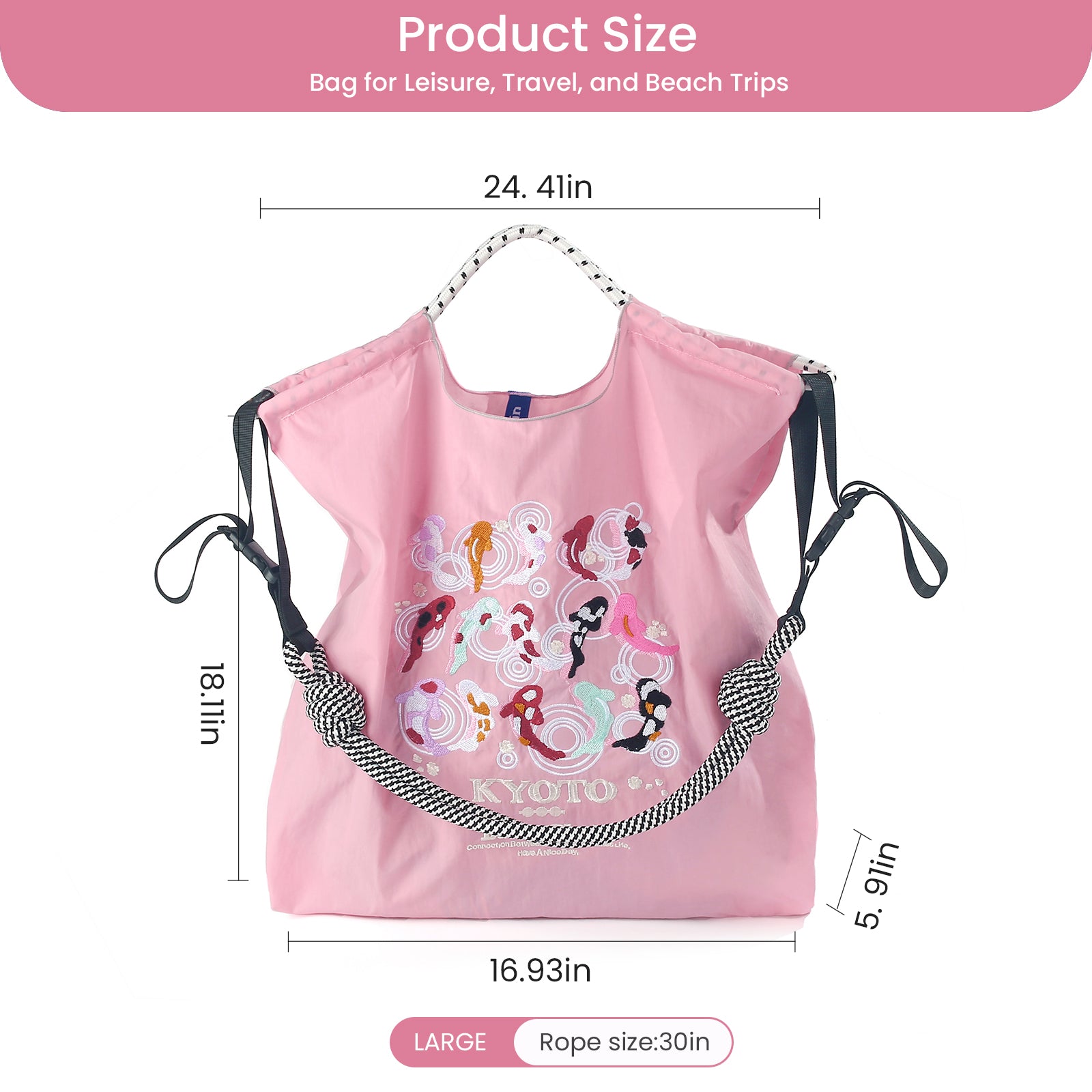 Ball&Chain Tote Bag With Embroidery Koi Fish Everything Tote Bag with Compartments（L）