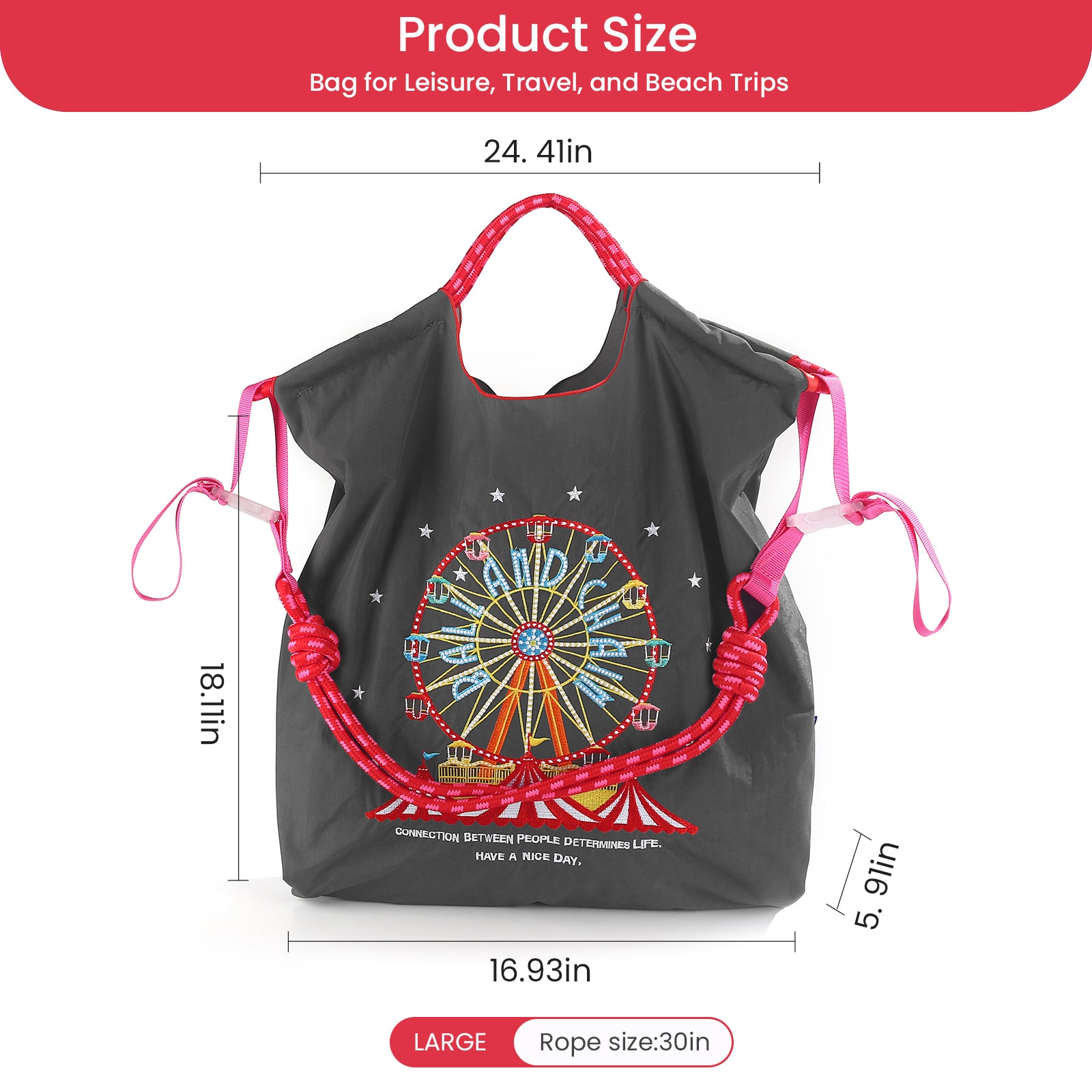 Ball&Chain Embroidery Ferris Wheel Nylon Tote Bag for Women（L）
