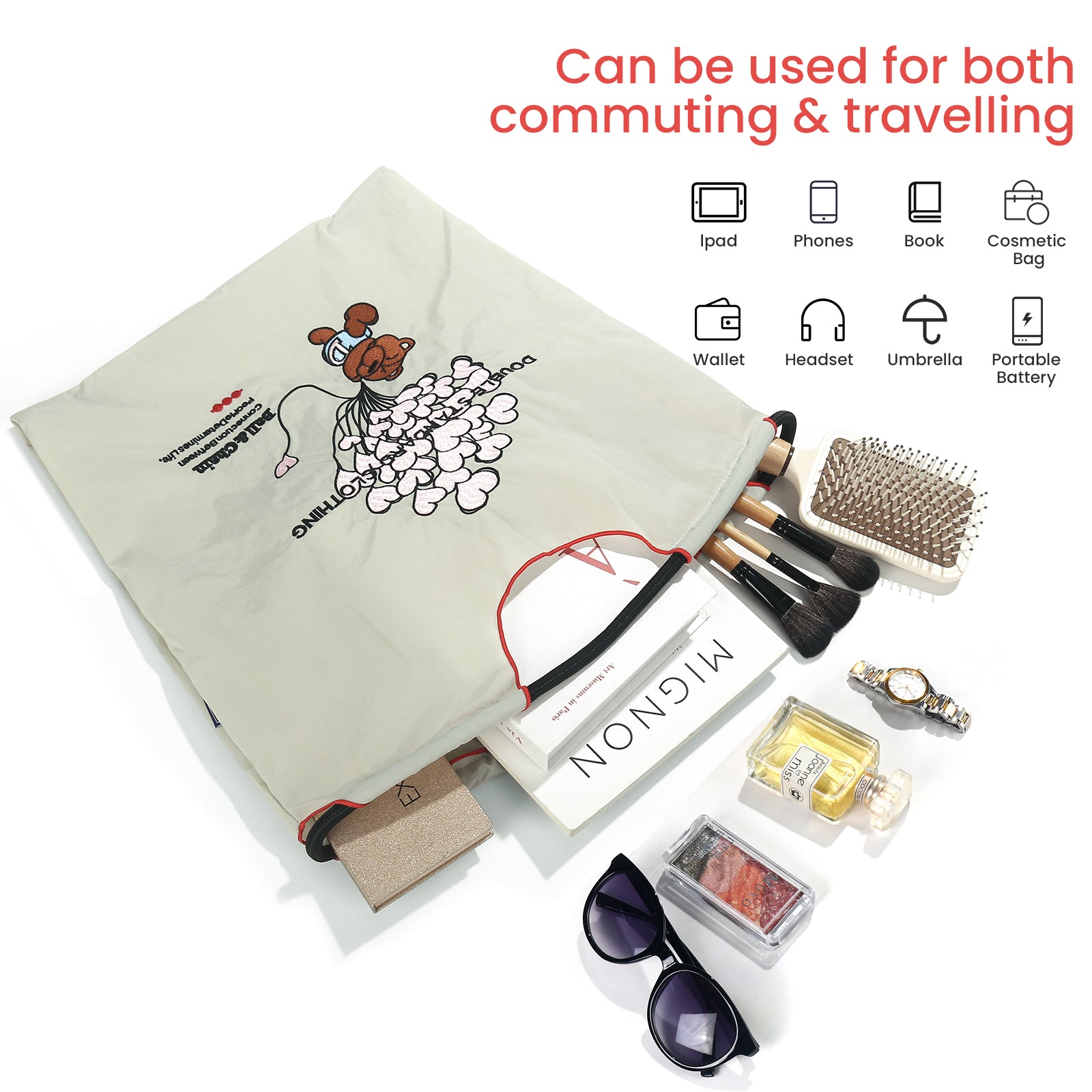 Ball&Chain Women Embroidery Shoulder Handbag Nylon Pockets Bag Ladies Crossbody Purse Fashion Tote Handle Satchel（L）