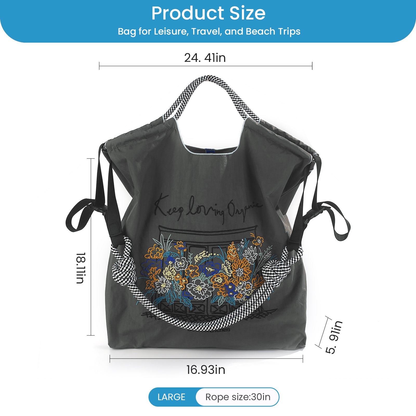 Ball&Chain Summer Embroidery Beach Tote Bag - Stylish, Spacious, and Perfect for Women, Friends Great Gift.（L）