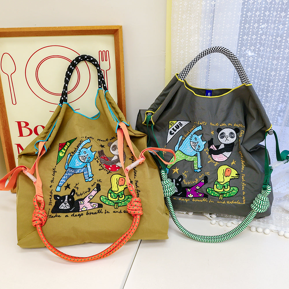 Ball&Chain Yoga Animals Embroidery Large Foldable Nylon Tote Bag, 2-Way Carry Adjustable Crossbody Shopping Bag, Cute Cartoon Cat Panda Dog Handbag