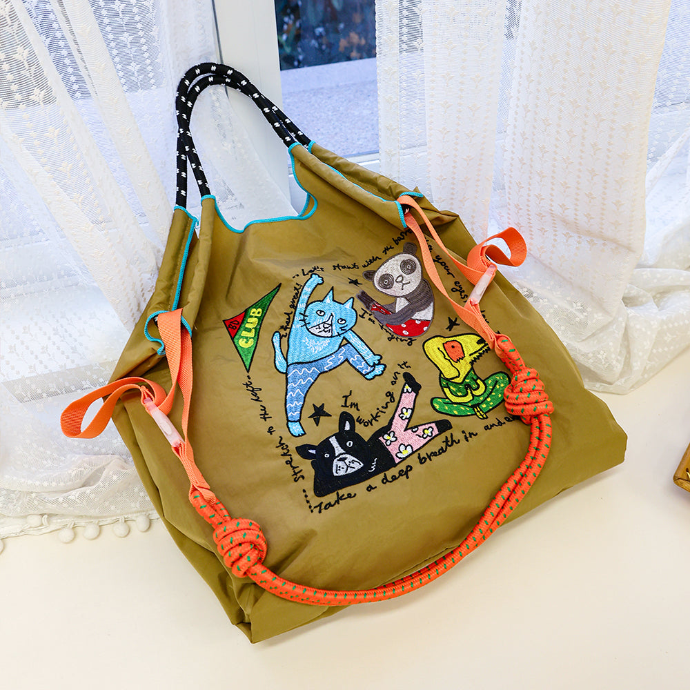 Ball&Chain Yoga Animals Embroidery Large Foldable Nylon Tote Bag, 2-Way Carry Adjustable Crossbody Shopping Bag, Cute Cartoon Cat Panda Dog Handbag