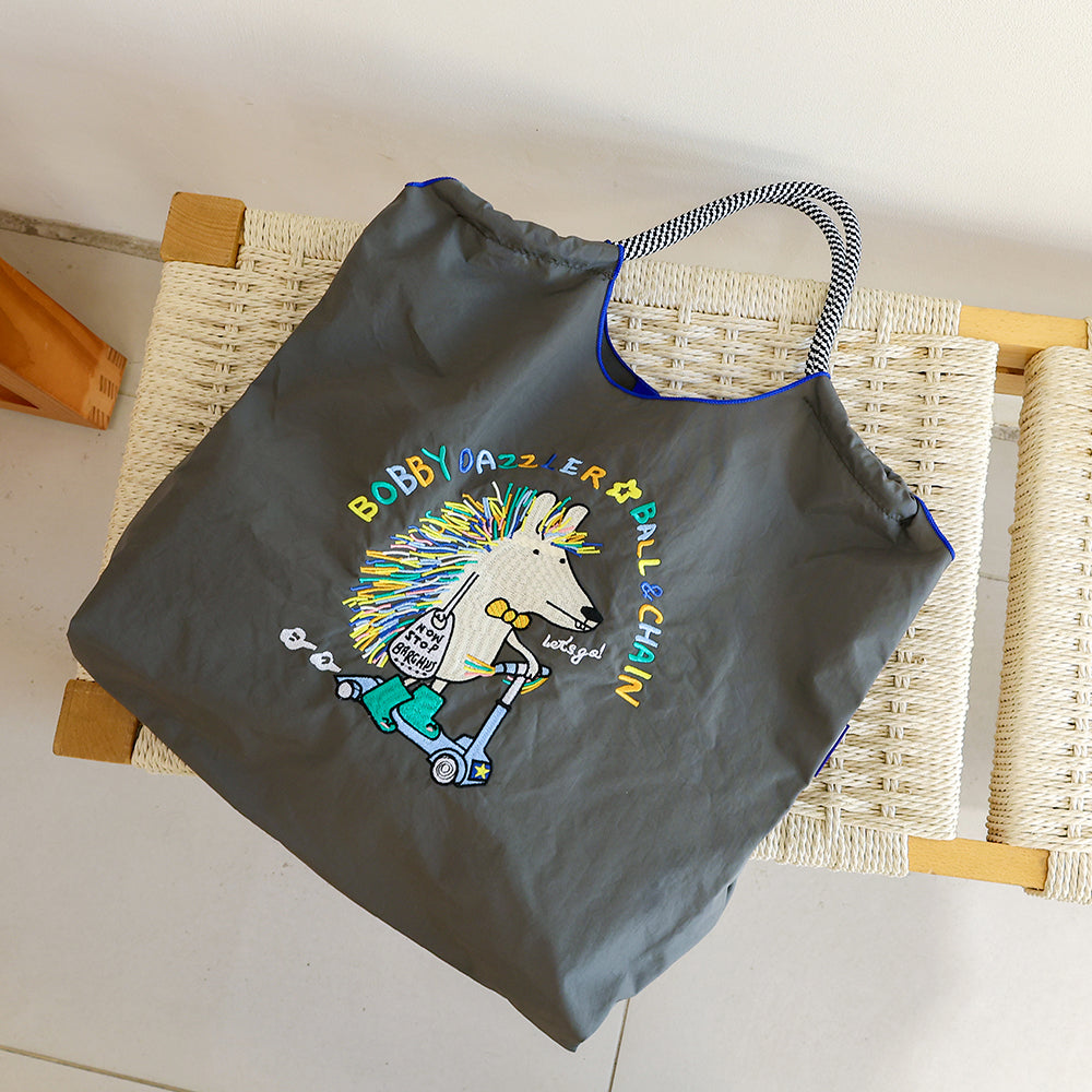 Ball&Chain Cute Hedgehog Scooter Embroidery Large Foldable Nylon Tote Bag, 2-Way Carry Adjustable Crossbody Shopping Bag, Cartoon Animal Handbag