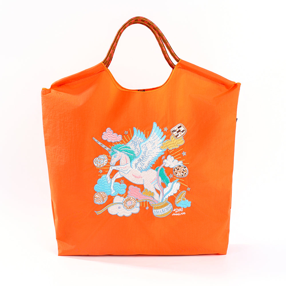 Ball&Chain Winged Unicorn Embroidered Tote Bag, Large Lightweight Nylon Shoulder Bag, Cute Fantasy Style Handbag for Shopping Daily Use-L