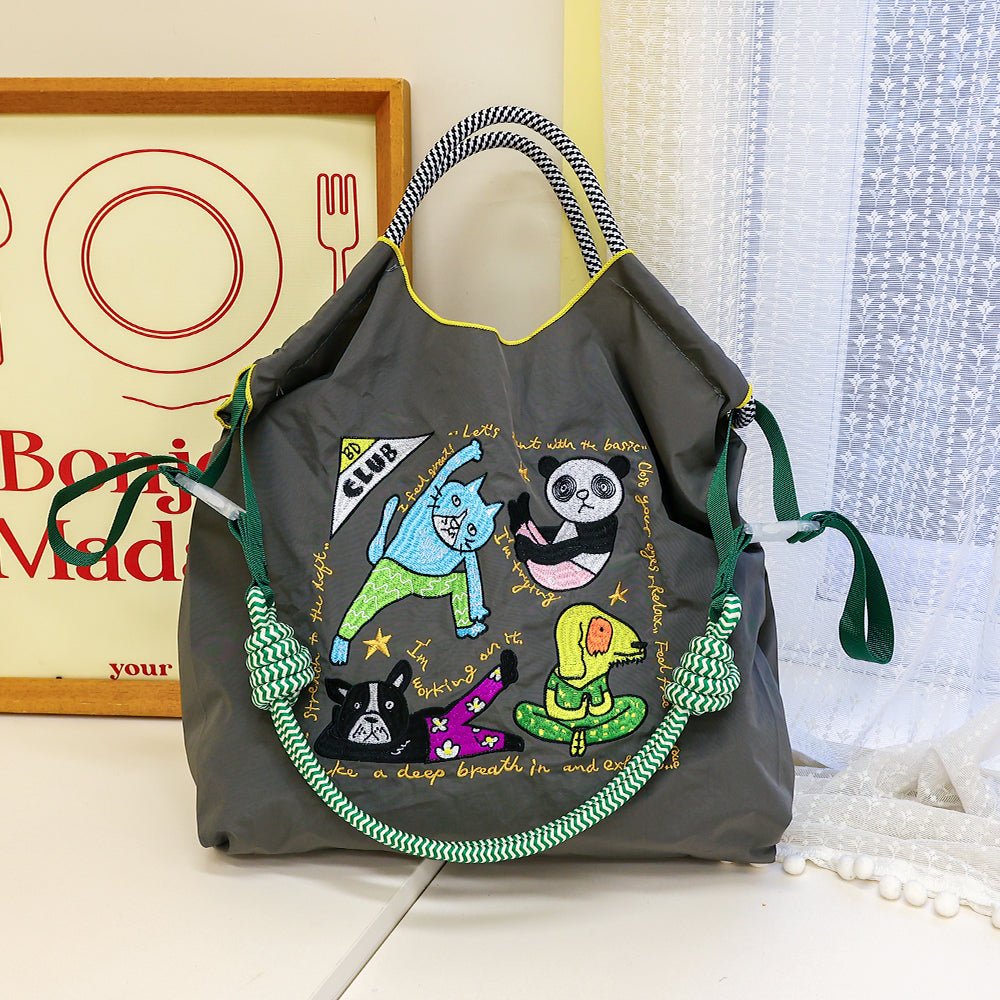 Ball&Chain Yoga Animals Embroidery Large Foldable Nylon Tote Bag, 2-Way Carry Adjustable Crossbody Shopping Bag, Cute Cartoon Cat Panda Dog Handbag