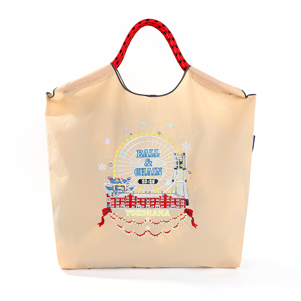 Ball&Chain Yokohama Ferris Wheel Embroidered Tote Bag, Large Lightweight Nylon Shoulder Bag, Japan City Souvenir Handbag for Daily Shopping Travel-L
