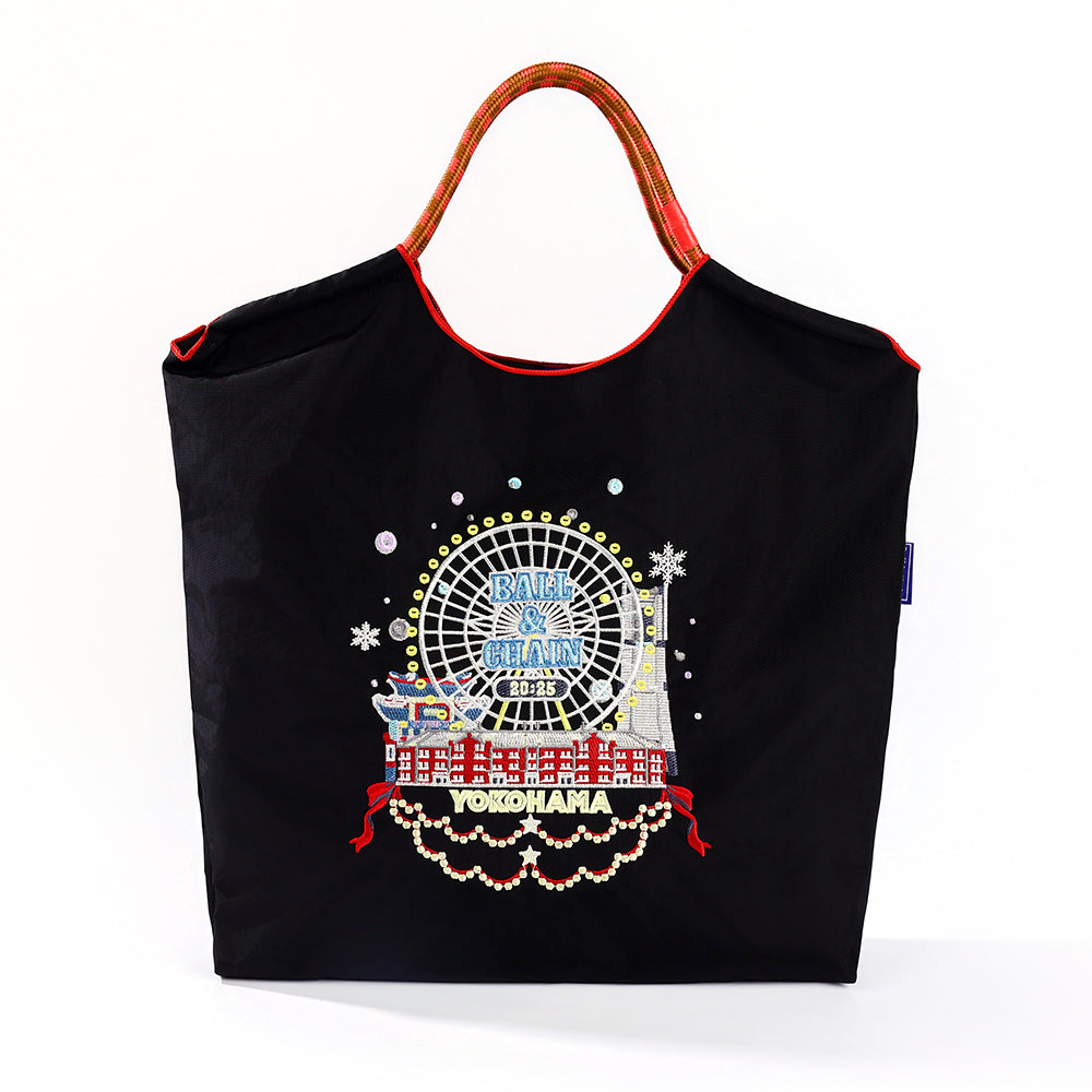 Ball&Chain Yokohama Ferris Wheel Embroidered Tote Bag, Large Lightweight Nylon Shoulder Bag, Japan City Souvenir Handbag for Daily Shopping Travel-L