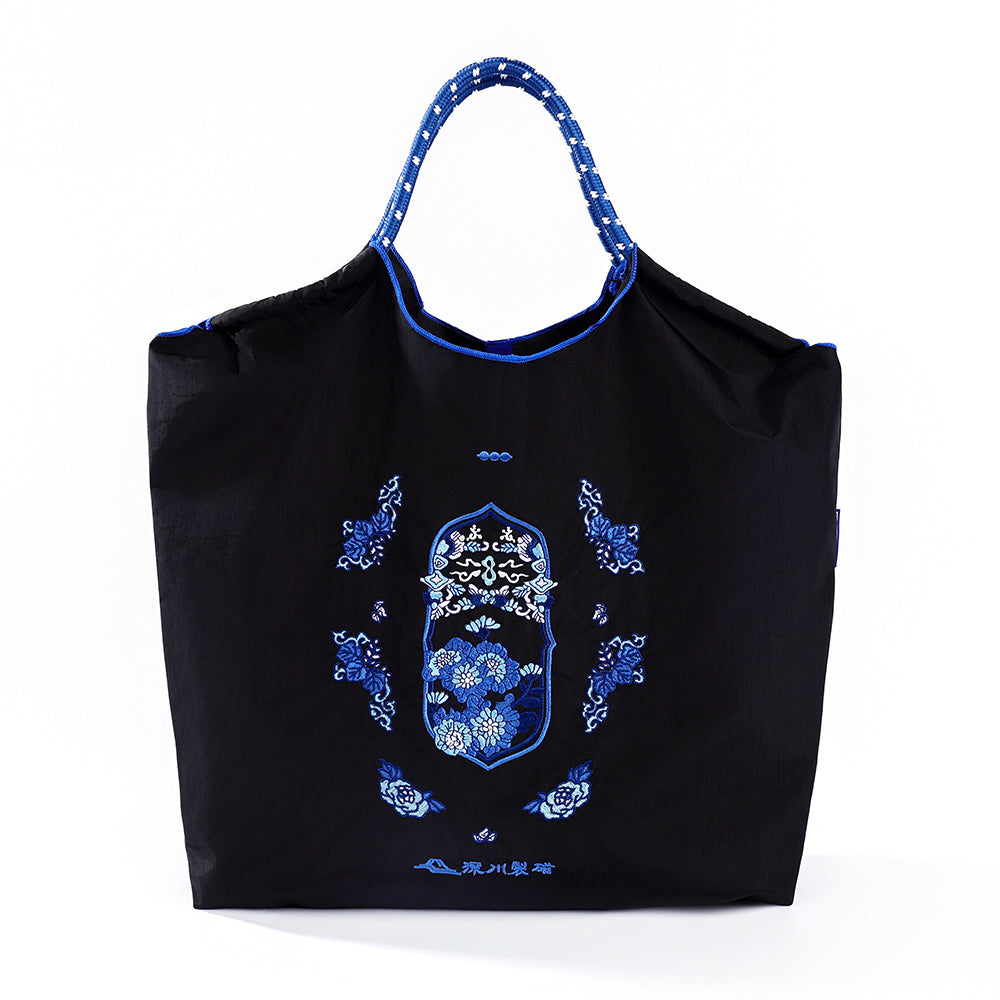 Ball&Chain Chinese Blue Floral Embroidery Tote Bag, Large Capacity Lightweight Nylon Shoulder Bag, Vintage Oriental Style Handbag for Shopping Daily Use-L