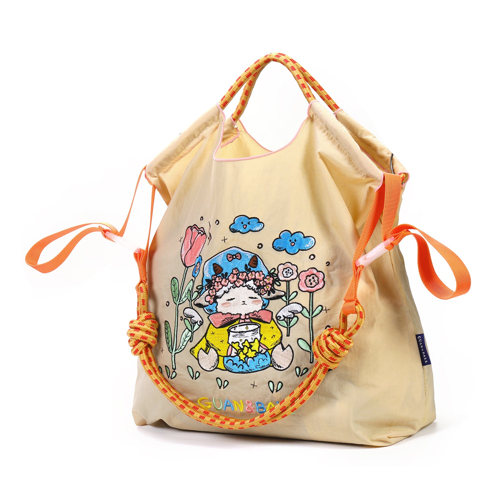 Guan&Ball Lady Tote bag, a lamb embroidered nylon bag, is the perfect companion for shopping and travel