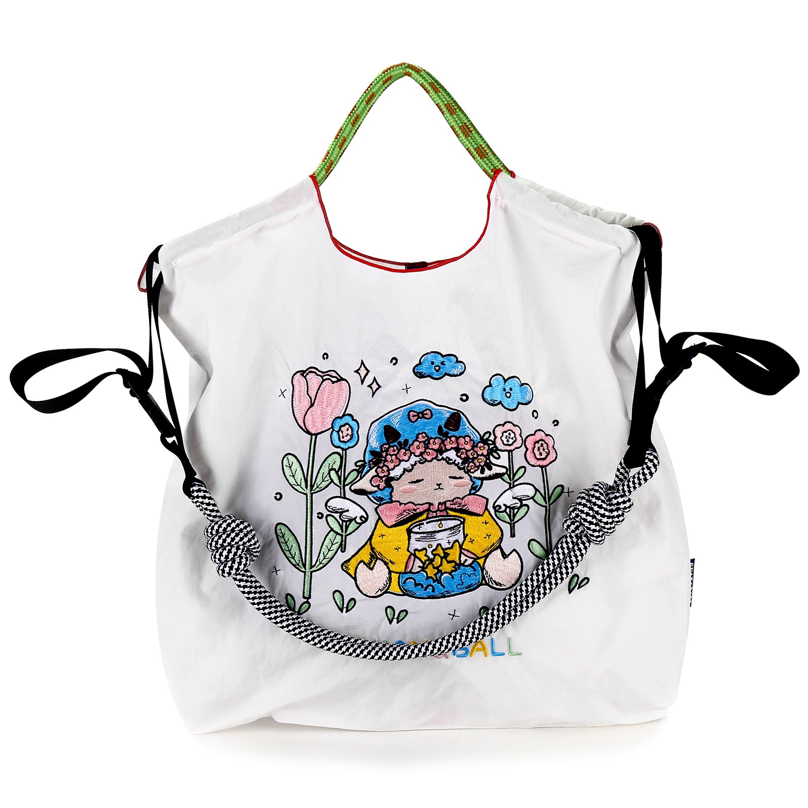 Guan&Ball Lady Tote bag, a lamb embroidered nylon bag, is the perfect companion for shopping and travel