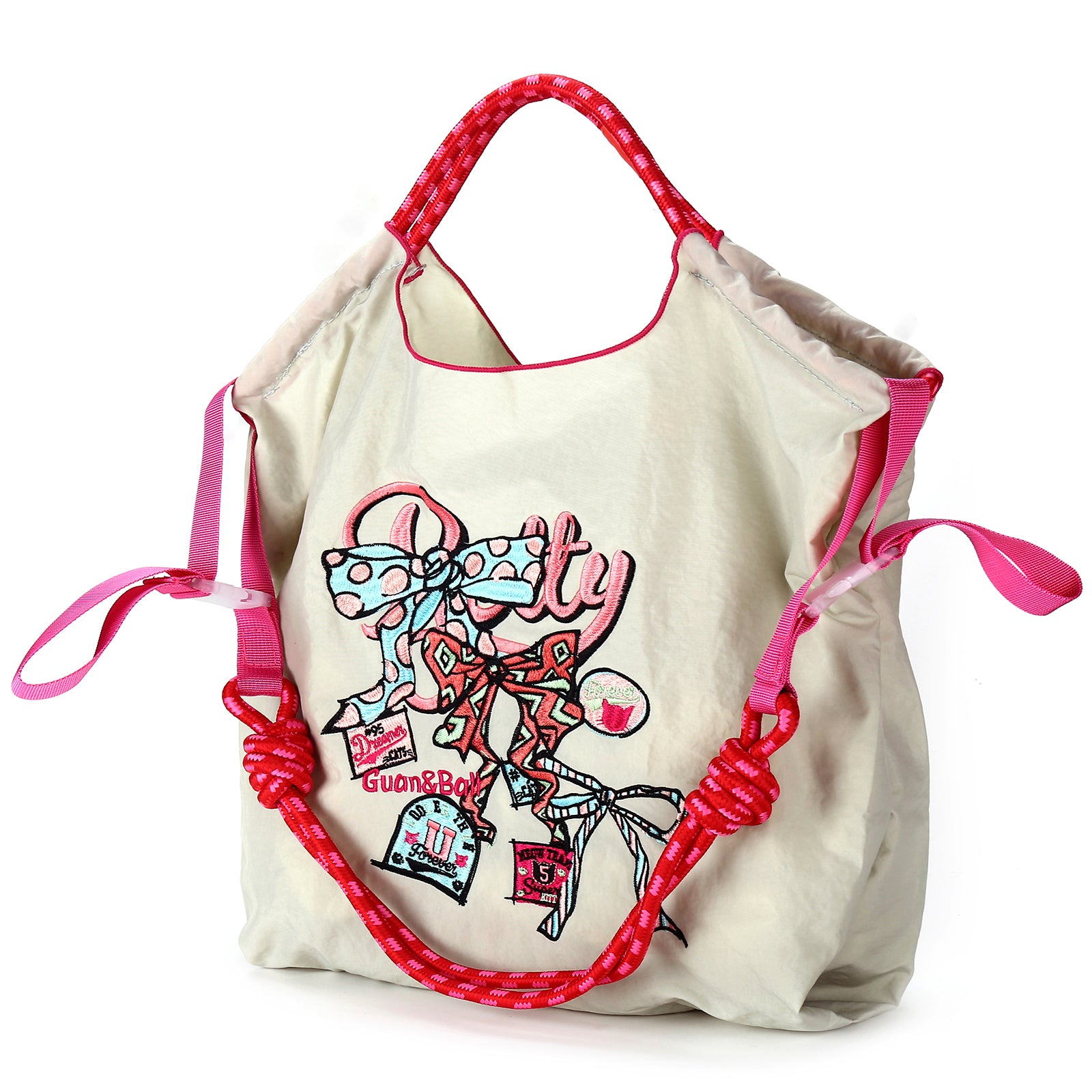 Guan&Ball Lady Tote Bag, a butterfly embroidered patterned nylon bag, is the perfect companion for travel and shopping