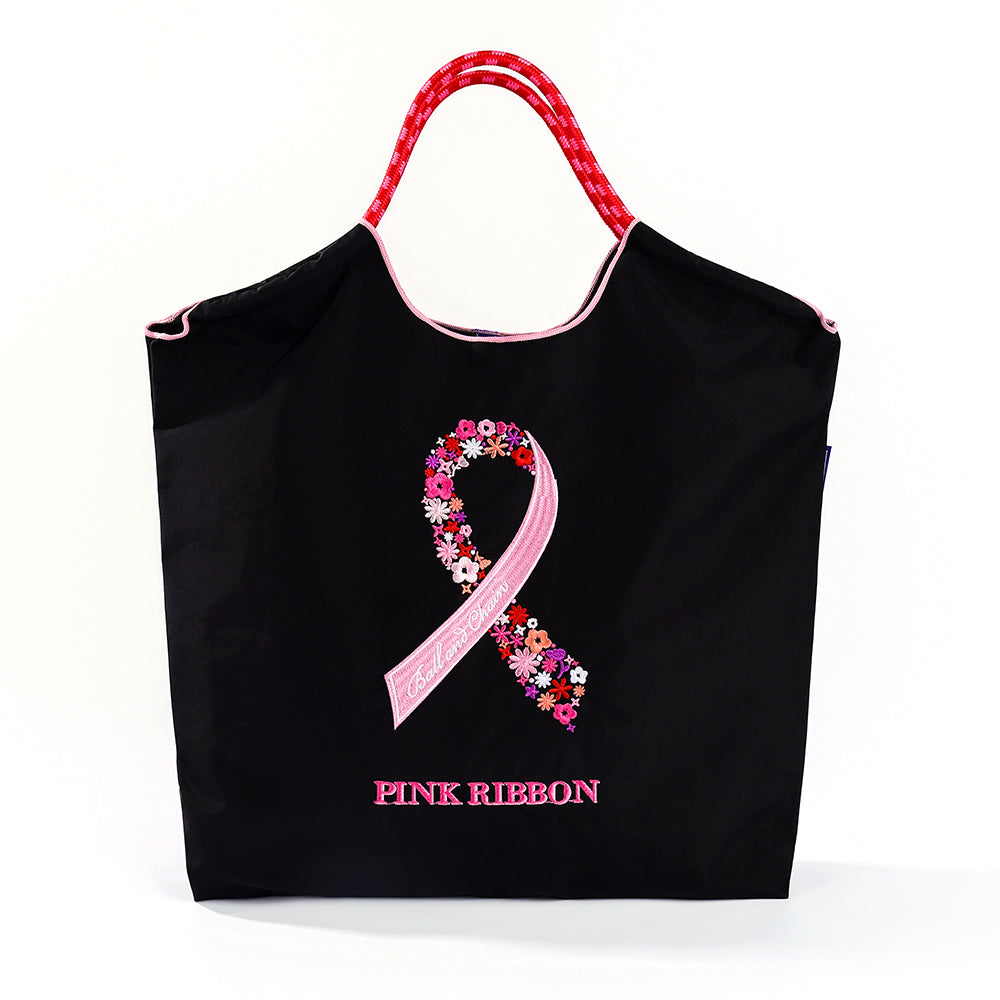 Ball&Chain Pink Ribbon Floral Embroidered Tote Bag, Large Lightweight Nylon Shoulder Bag, Breast Cancer Awareness Handbag for Daily Shopping-L