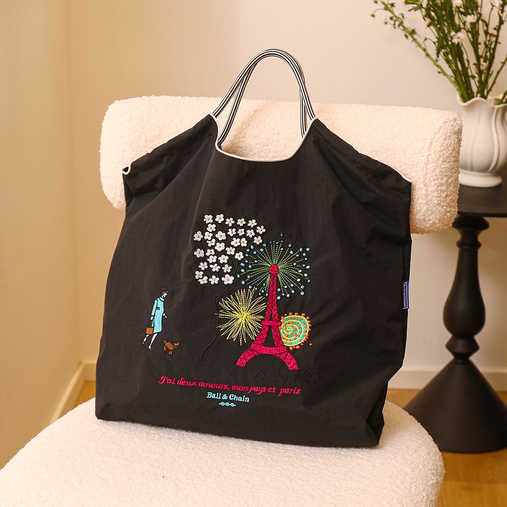 Paris Eiffel Tower Embroidery Large Capacity Tote Bag, Lightweight Foldable Nylon Shoulder Bag, Cute Paris Travel Shopping Handbag
