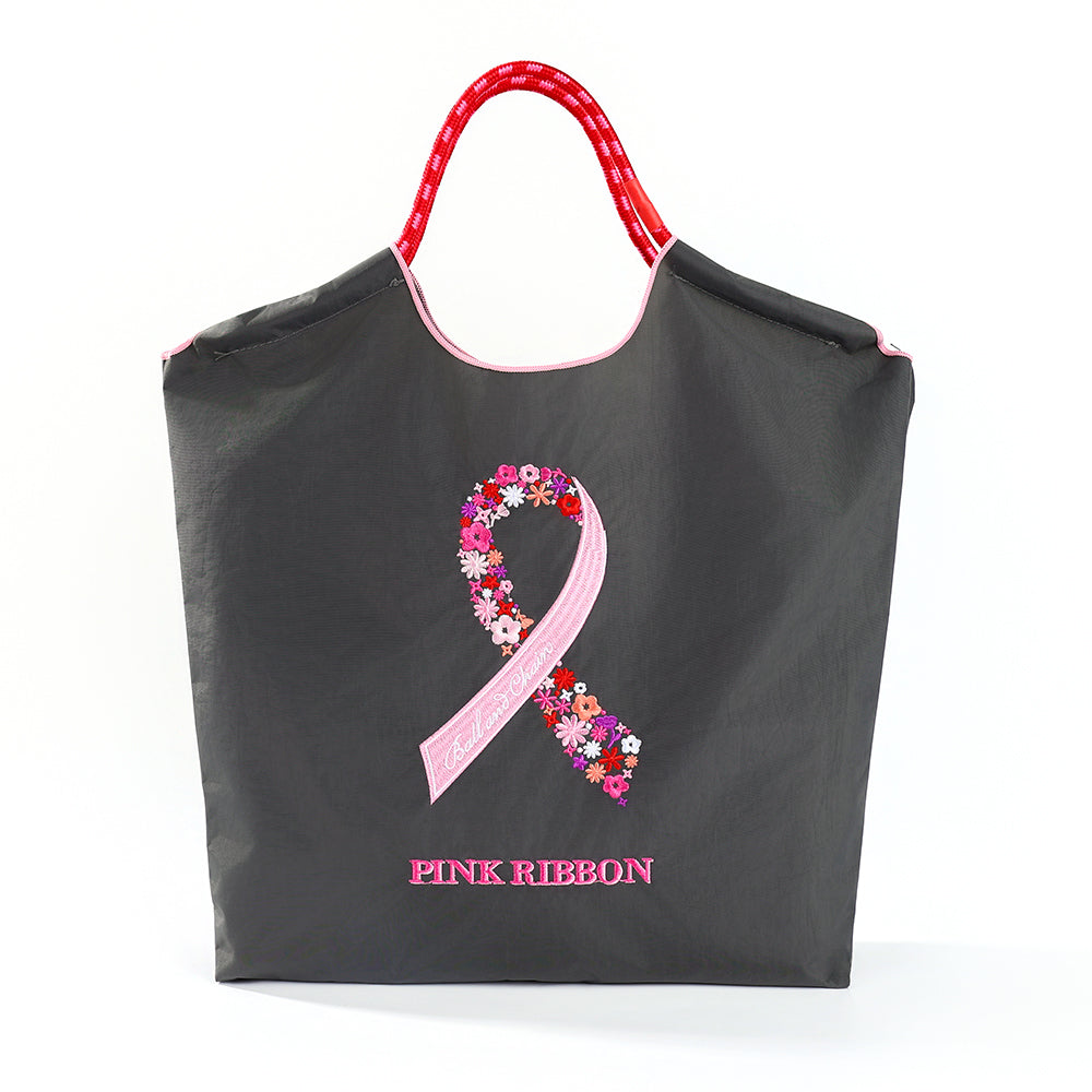 Ball&Chain Pink Ribbon Floral Embroidered Tote Bag, Large Lightweight Nylon Shoulder Bag, Breast Cancer Awareness Handbag for Daily Shopping-L