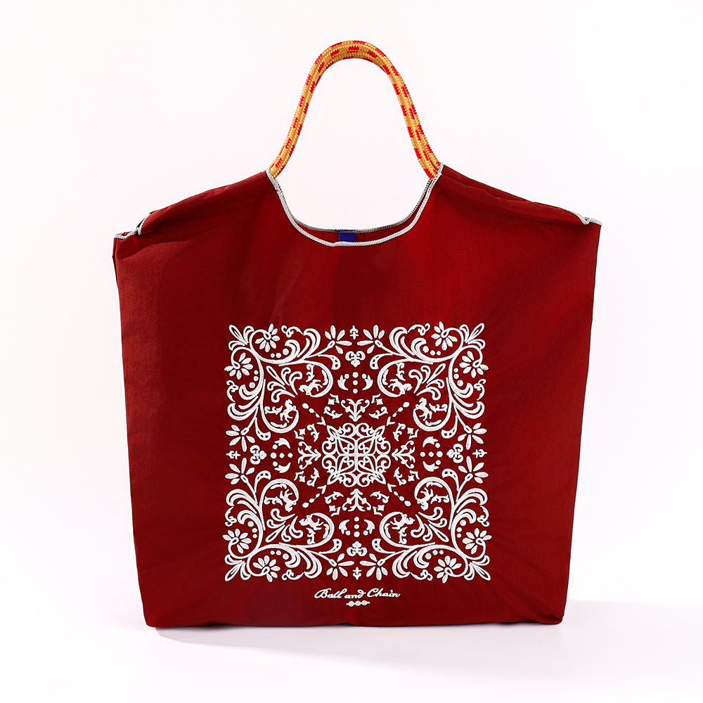 Ball&Chain White Vintage Bandana Floral Embroidered Tote Bag, Large Lightweight Nylon Shoulder Bag, Retro Ethnic Style Handbag for Daily Shopping Travel-L