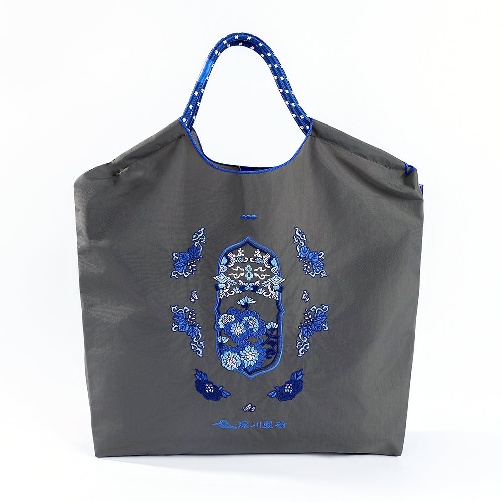 Ball&Chain Chinese Blue Floral Embroidery Tote Bag, Large Capacity Lightweight Nylon Shoulder Bag, Vintage Oriental Style Handbag for Shopping Daily Use-L