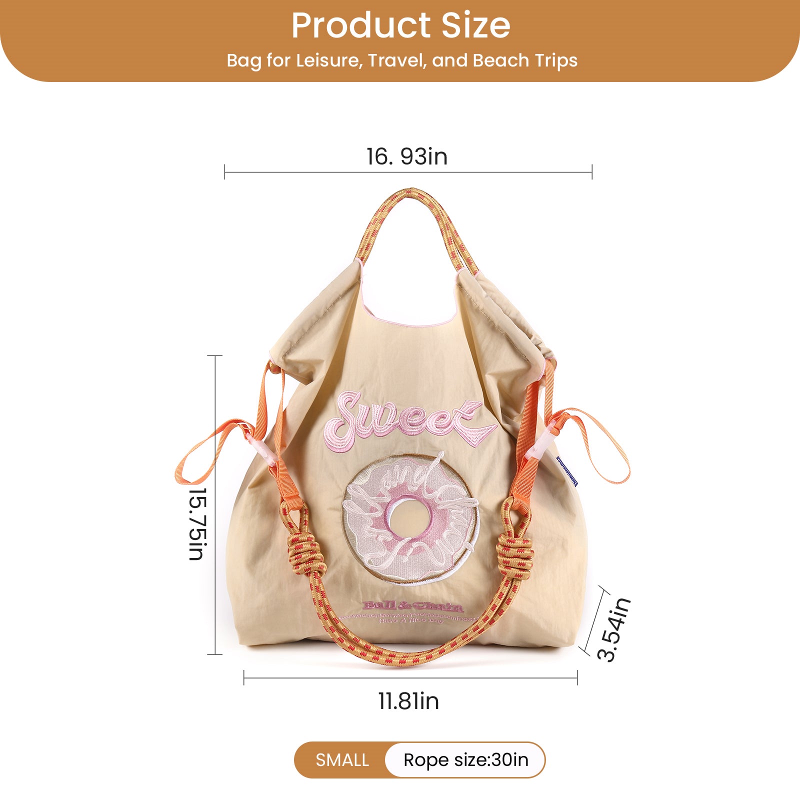 Ball&Chain Embroidered Doughnut Pattern Tote Bag，Women's Leisure Shopping Bag, 15x16 inches(M)