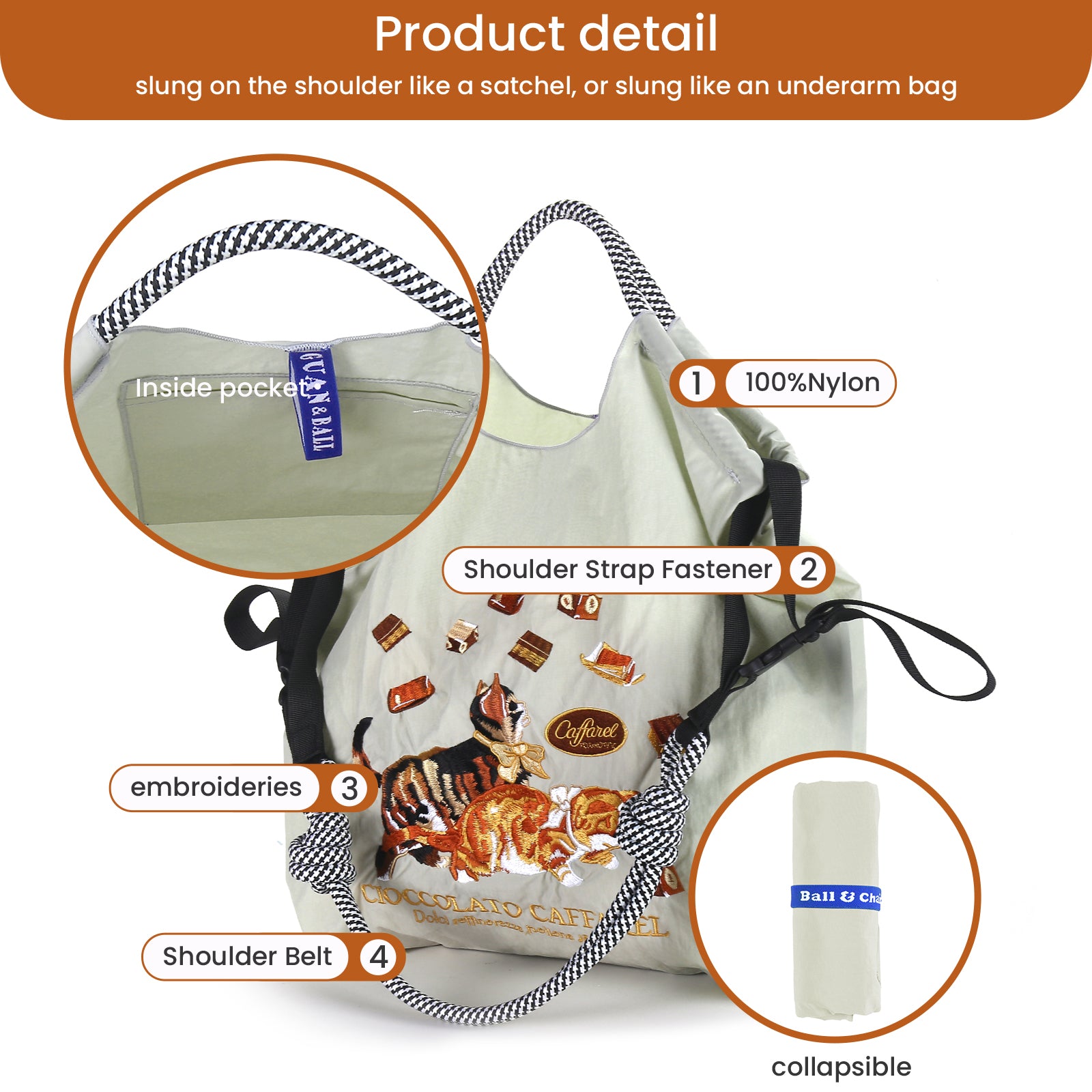 Ball&Chain  Women Embroidery Shoulder Handbag Nylon Pockets Bag Ladies Crossbody Purse Fashion Tote Handle Satchel（L）