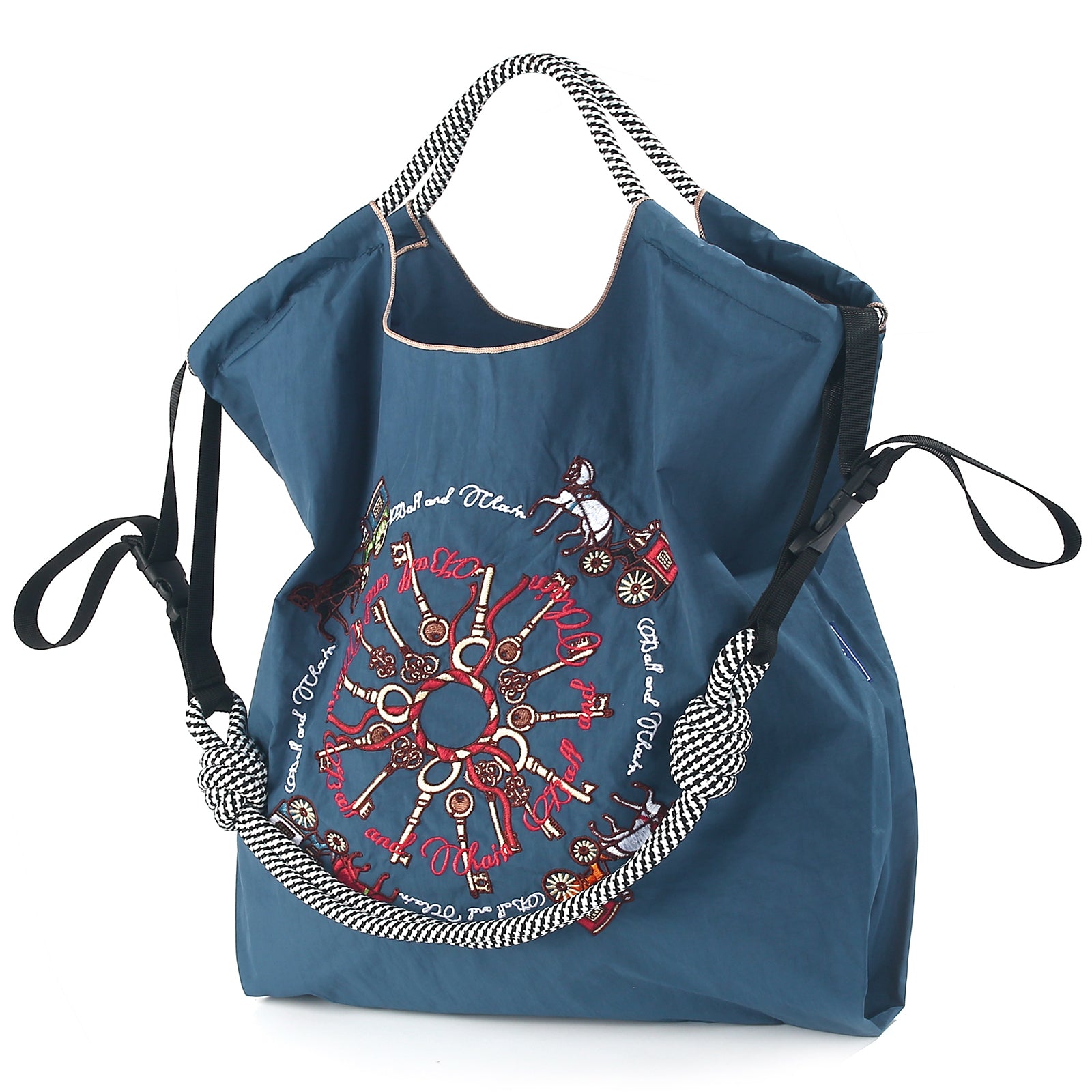 Ball&Chain Carriage Pattern Embroidery Nylon Tote Bag for Women（L）