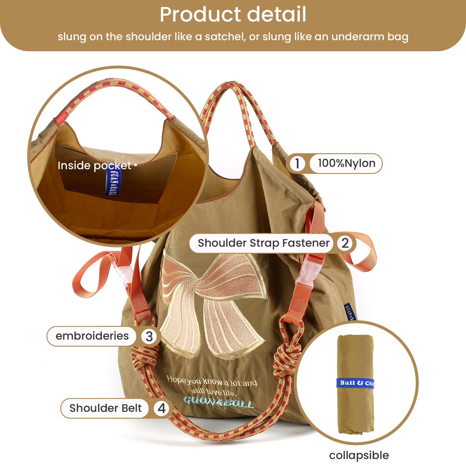 Guan&Ball Embroidery Initial Nylon Tote Bag, Crossbody Bag Purse for Women Travel Bags Handbags Everyday Bag