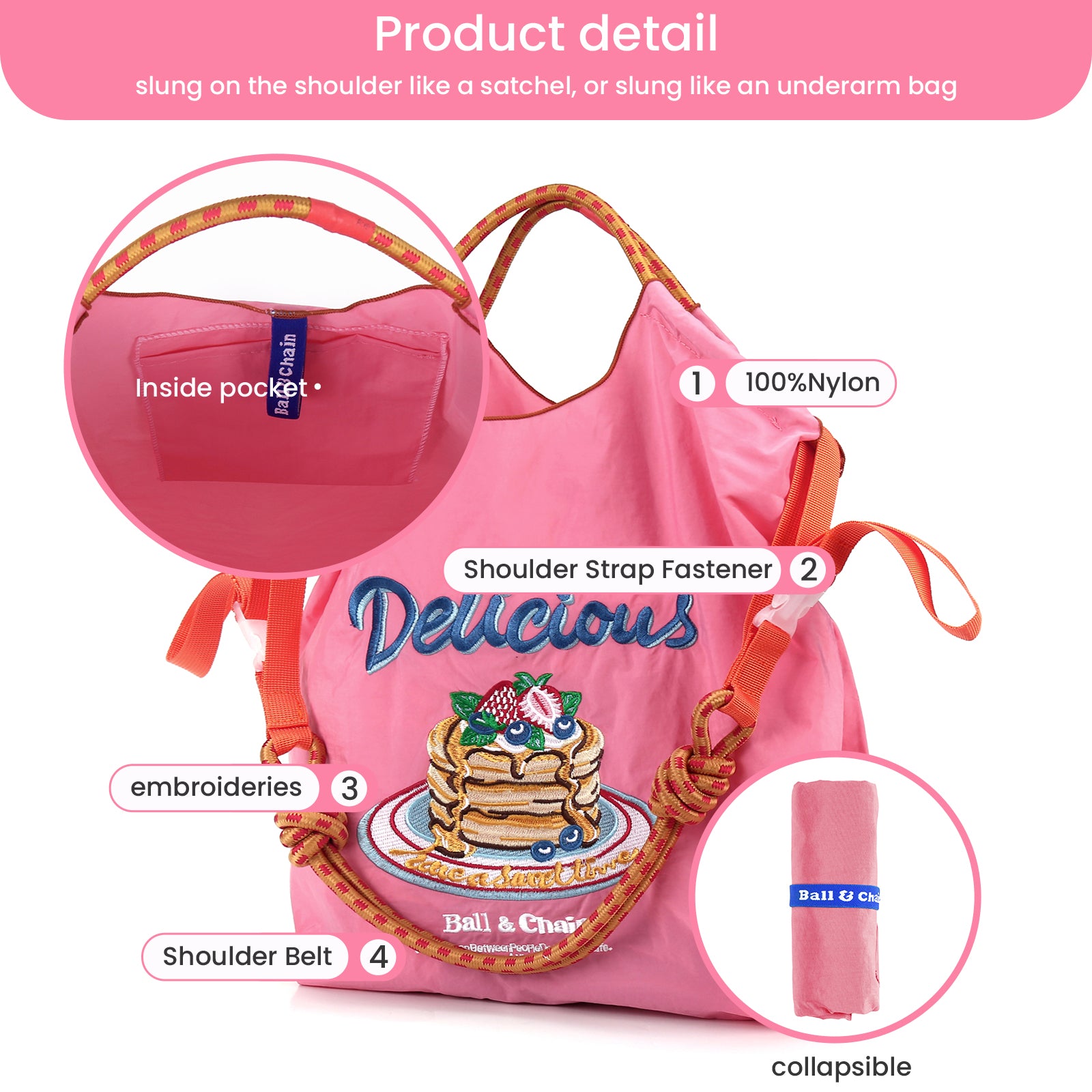Ball&Chain Embroidery Tote Bag for Women with Shoulder Strap（L）