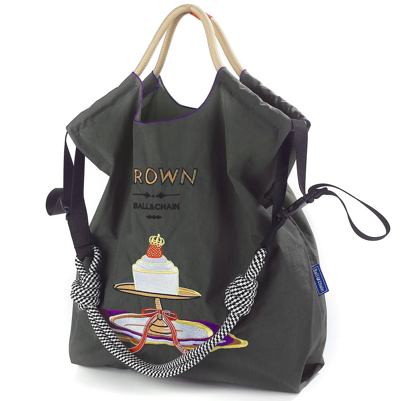 Ball&Chain Cake Pattern Embroidery Nylon Bag with Pulling Rope Pocket Personalized Tote Bags for Mom Teacher Friend（M）