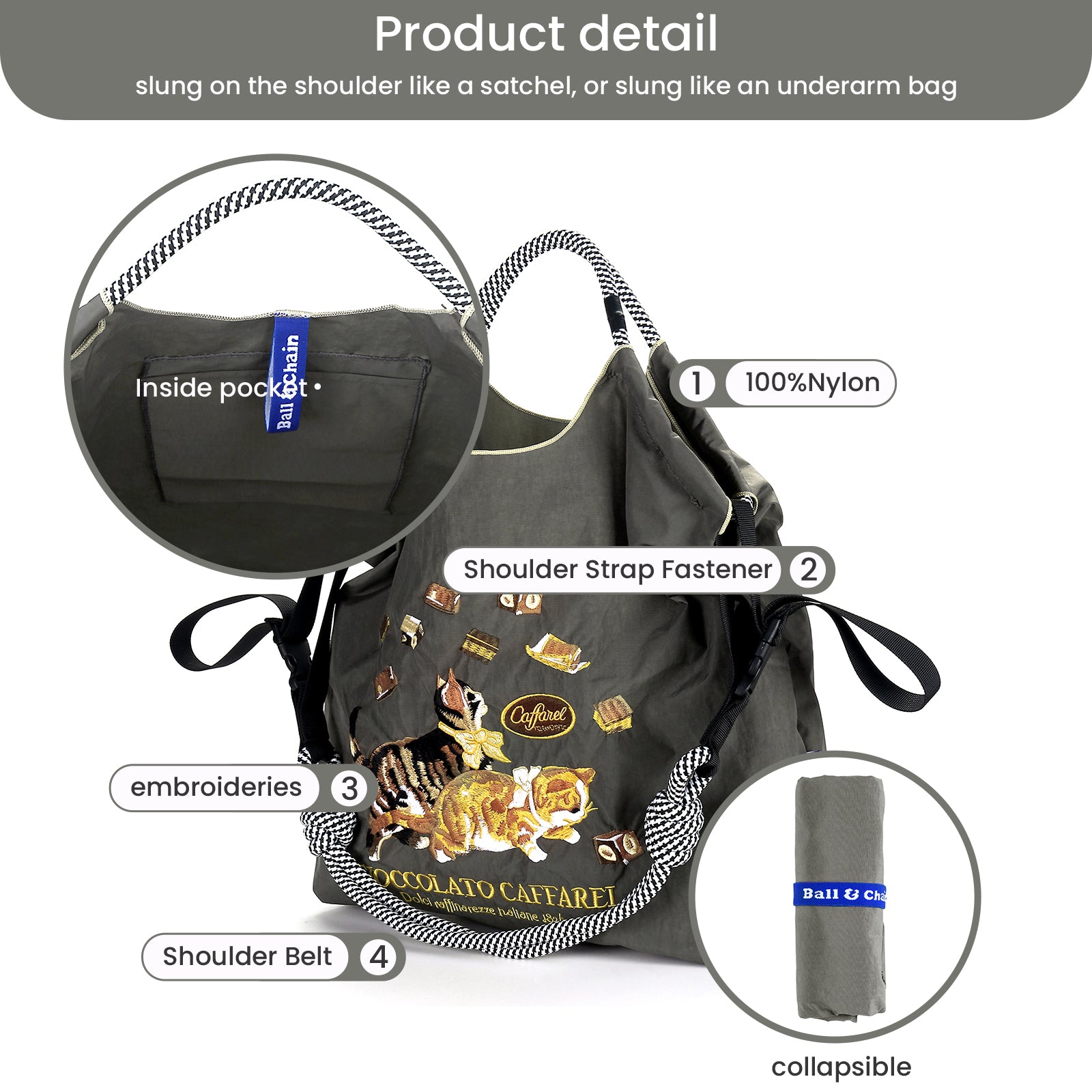 Ball&Chain  Women Embroidery Shoulder Handbag Nylon Pockets Bag Ladies Crossbody Purse Fashion Tote Handle Satchel,15x16 in（M）