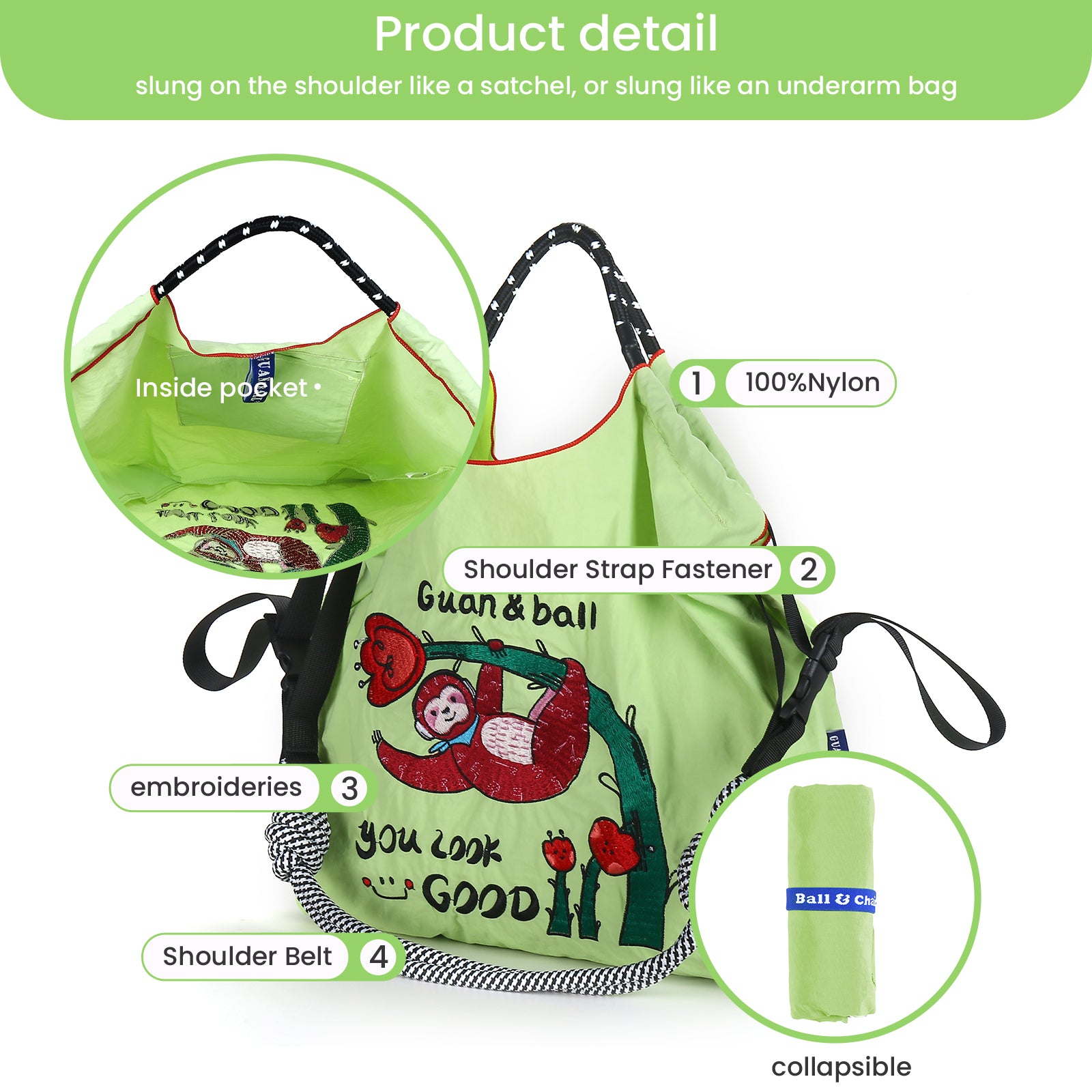 Guan&Ball Embroidery Initial Nylon Tote Bag, Women Travel Bags Handbags Everyday Bag