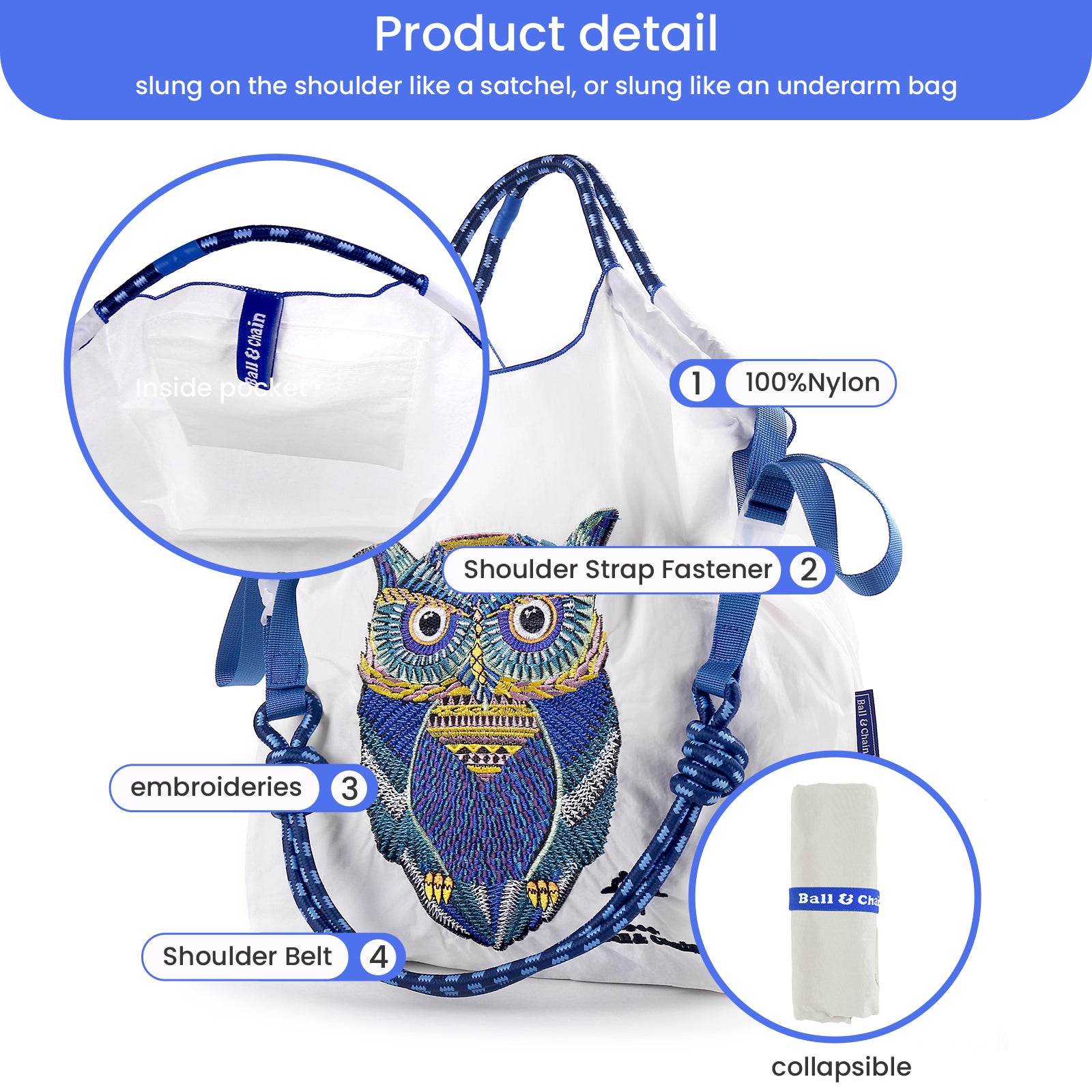 Ball&Chain Embroidery Initial Nylon Tote Bag, Crossbody Bag Purse for Women Travel Bags Handbags Everyday Bag（L）