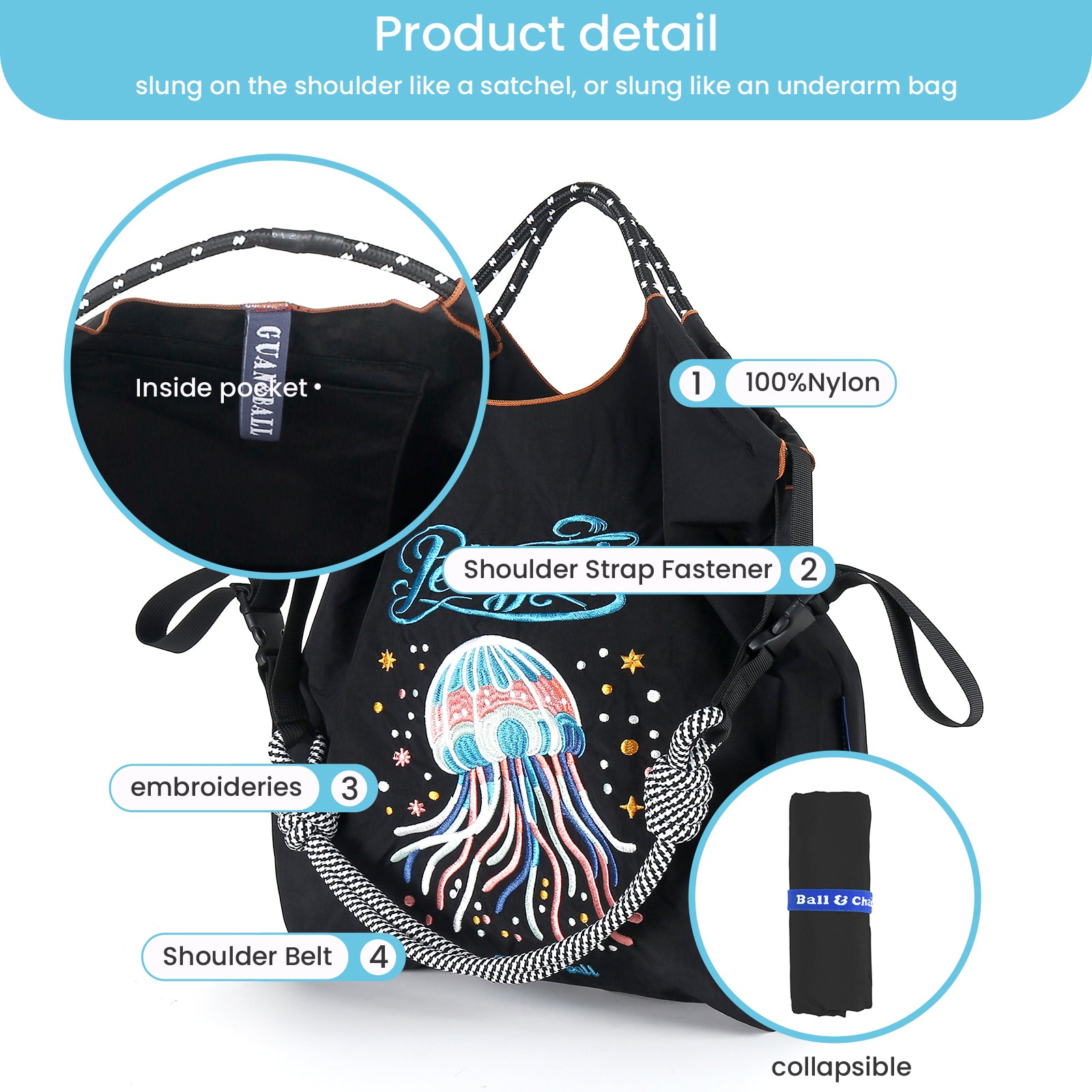 Guan&Ball Lady Tote Bag, a butterfly embroidered patterned nylon bag, is the perfect companion for travel