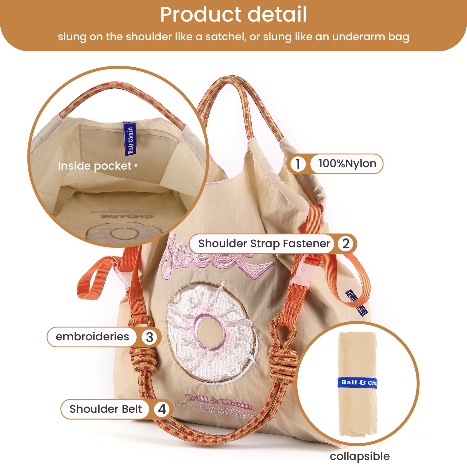 Ball&Chain Embroidered Doughnut Pattern Tote Bag，Women's Leisure Shopping Bag, 15x16 inches(M)