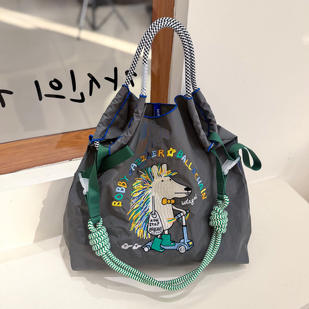 Ball&Chain Cute Hedgehog Scooter Embroidery Large Foldable Nylon Tote Bag, 2-Way Carry Adjustable Crossbody Shopping Bag, Cartoon Animal Handbag