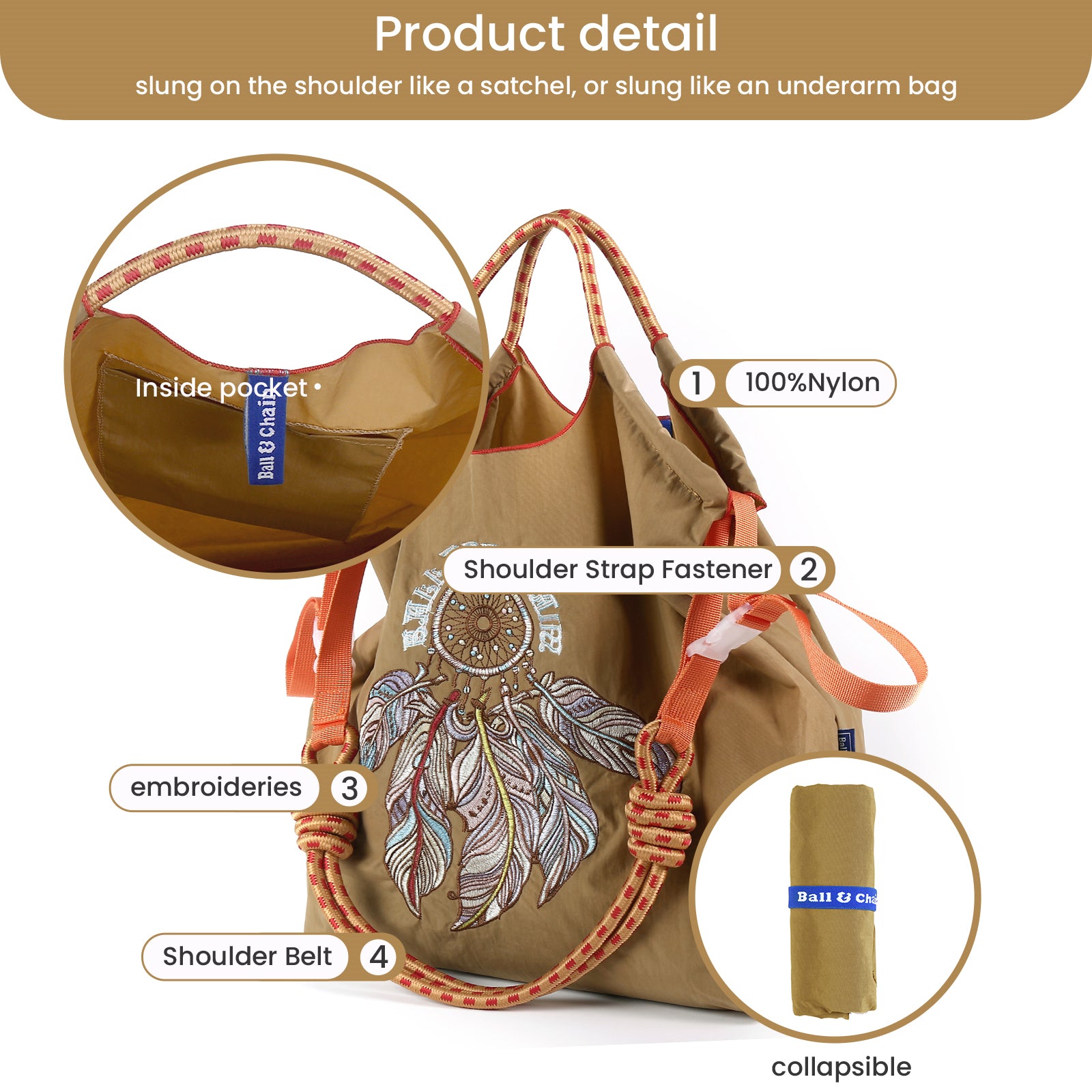 Ball&Chain Embroidery Initial Nylon Tote Bag,Personalized Present Suitable for Travel,Beach,is a Great Gift Women, Mom(M)