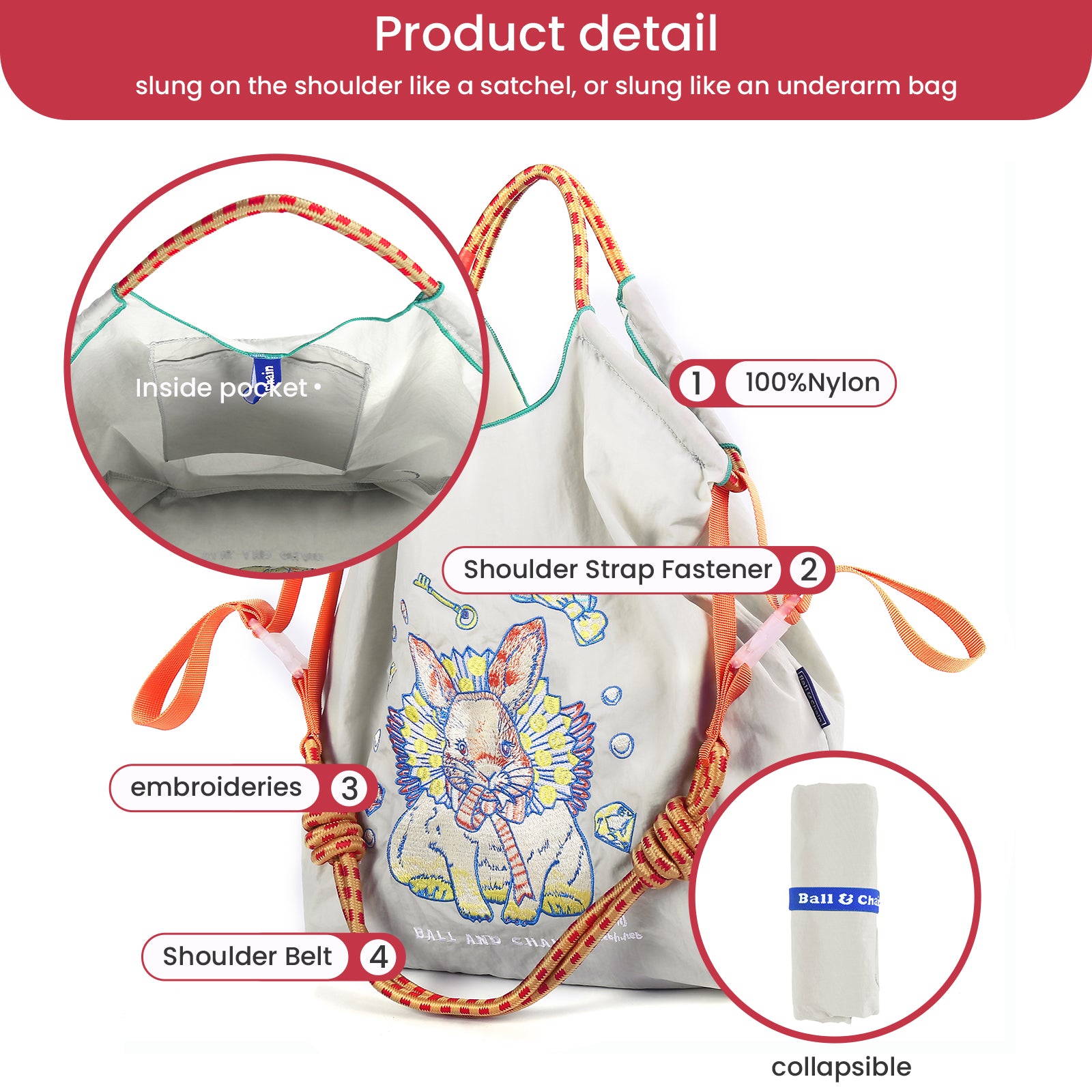 Ball&Chain Embroidery Tote Bag for Women（L）